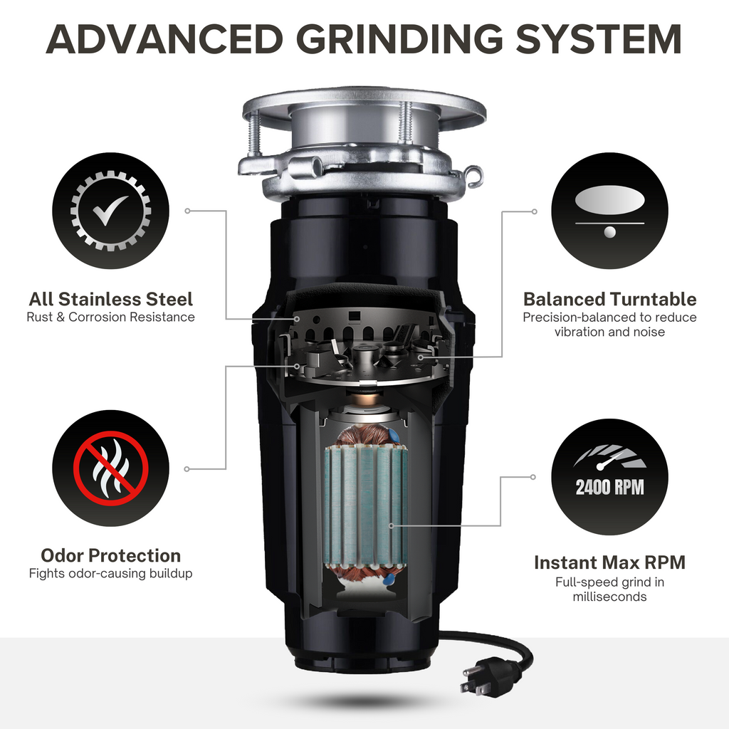 Disposal cutaway with highlighted internal components