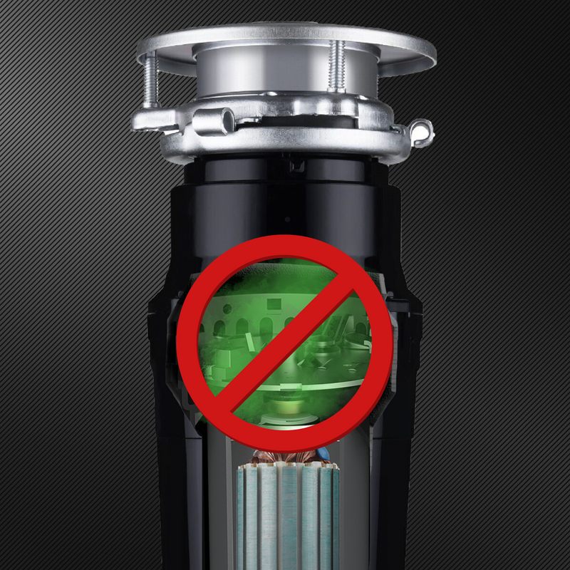 Cutaway disposal shot with green cloud and red circle around grind chamber with a dark textured background