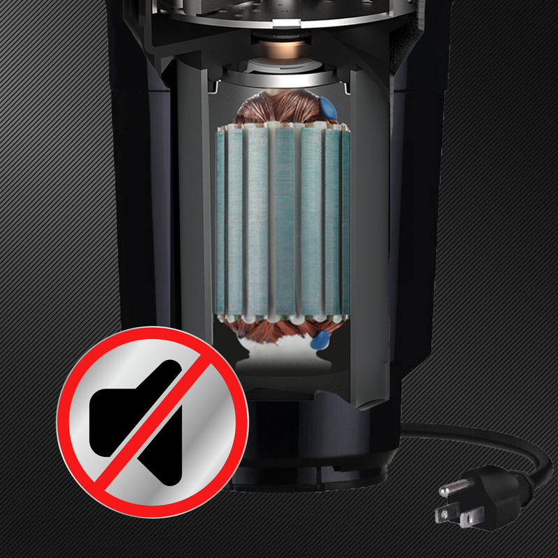 close up of cutaway disposal with quiet icon on a dark textured background