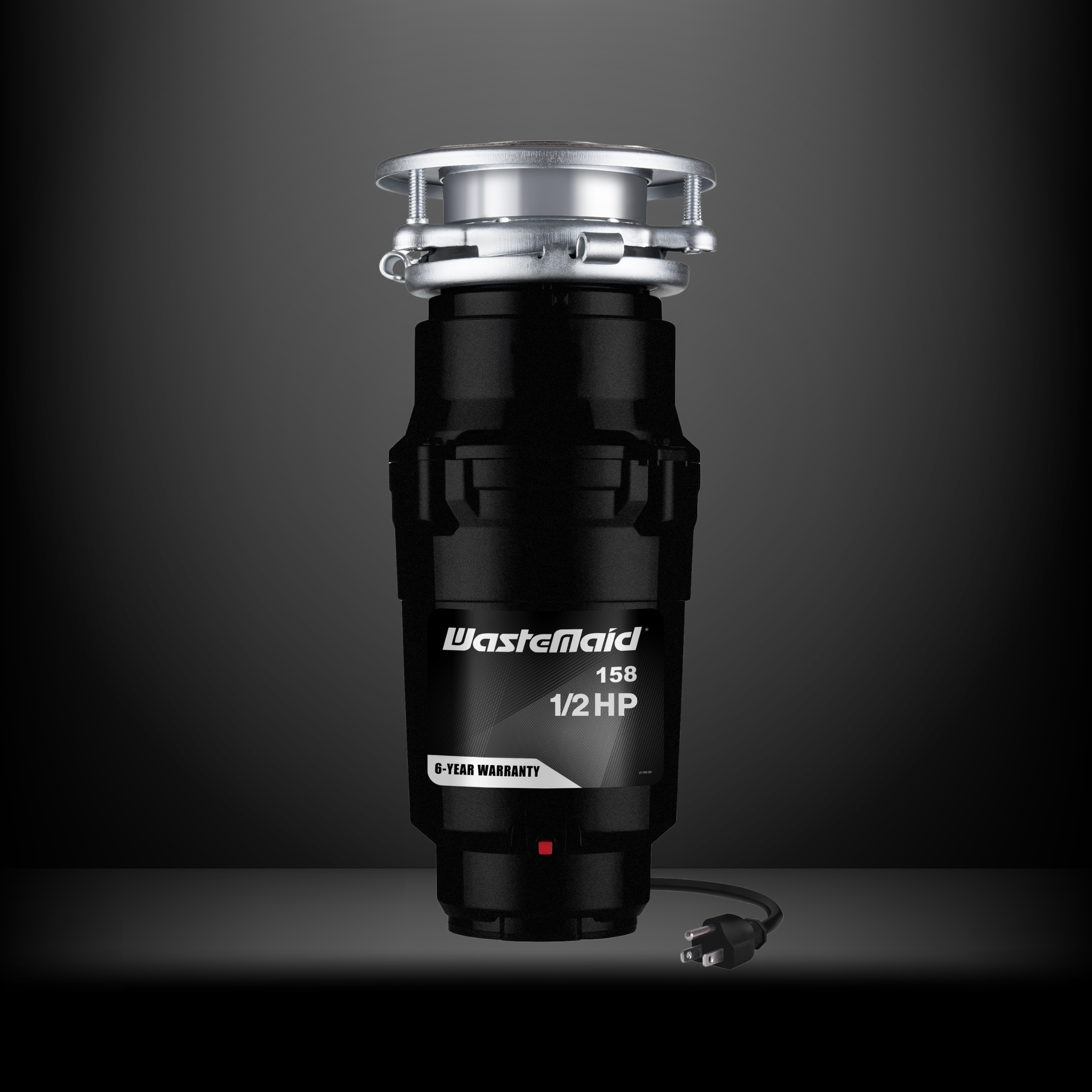 Black Wastemaid garbage disposal unit on a dark background