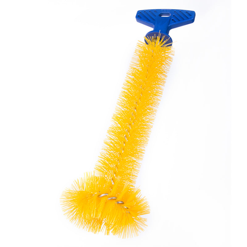 Yellow cleaning brush with blue handle on a white background