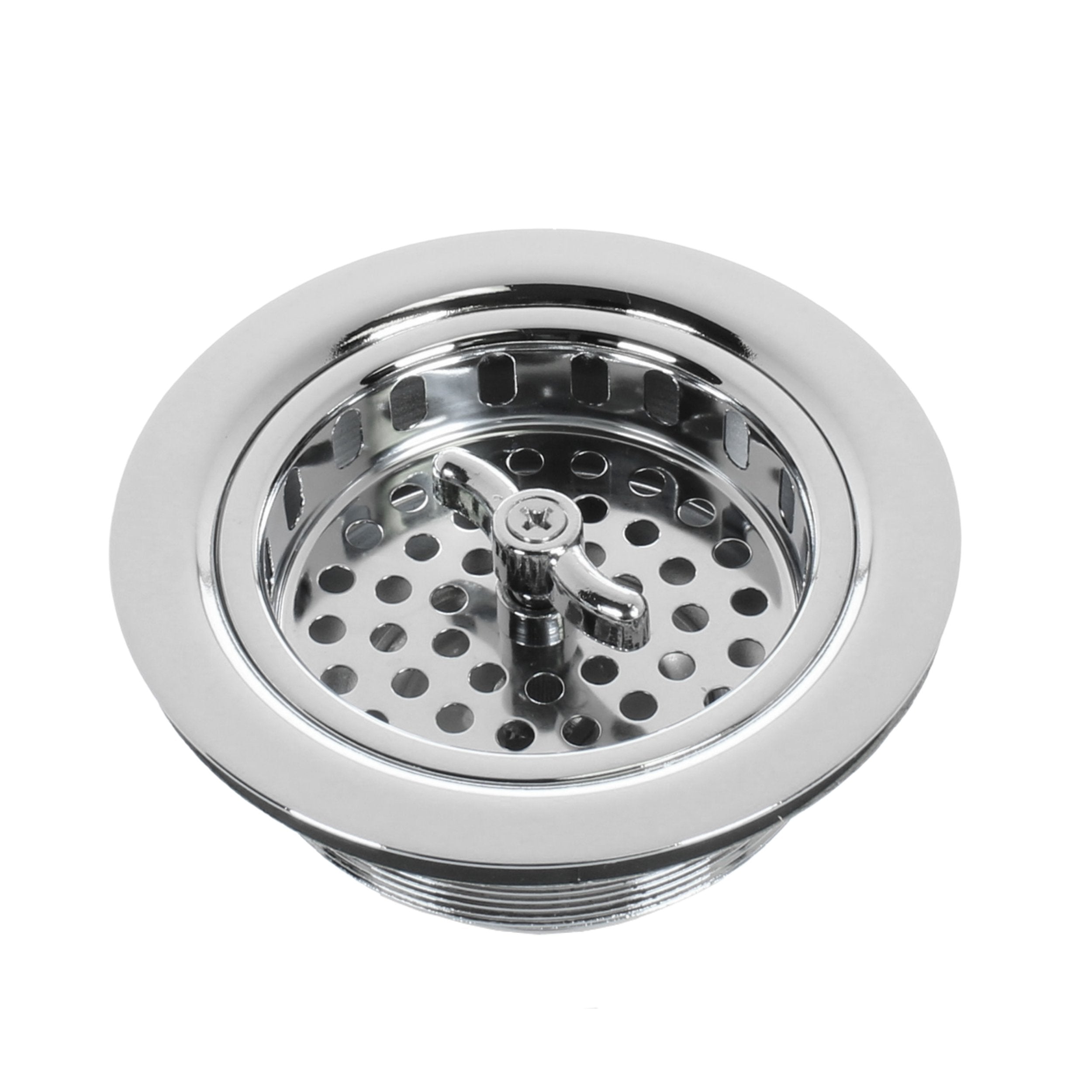 Chrome kitchen sink drain basket on a white background