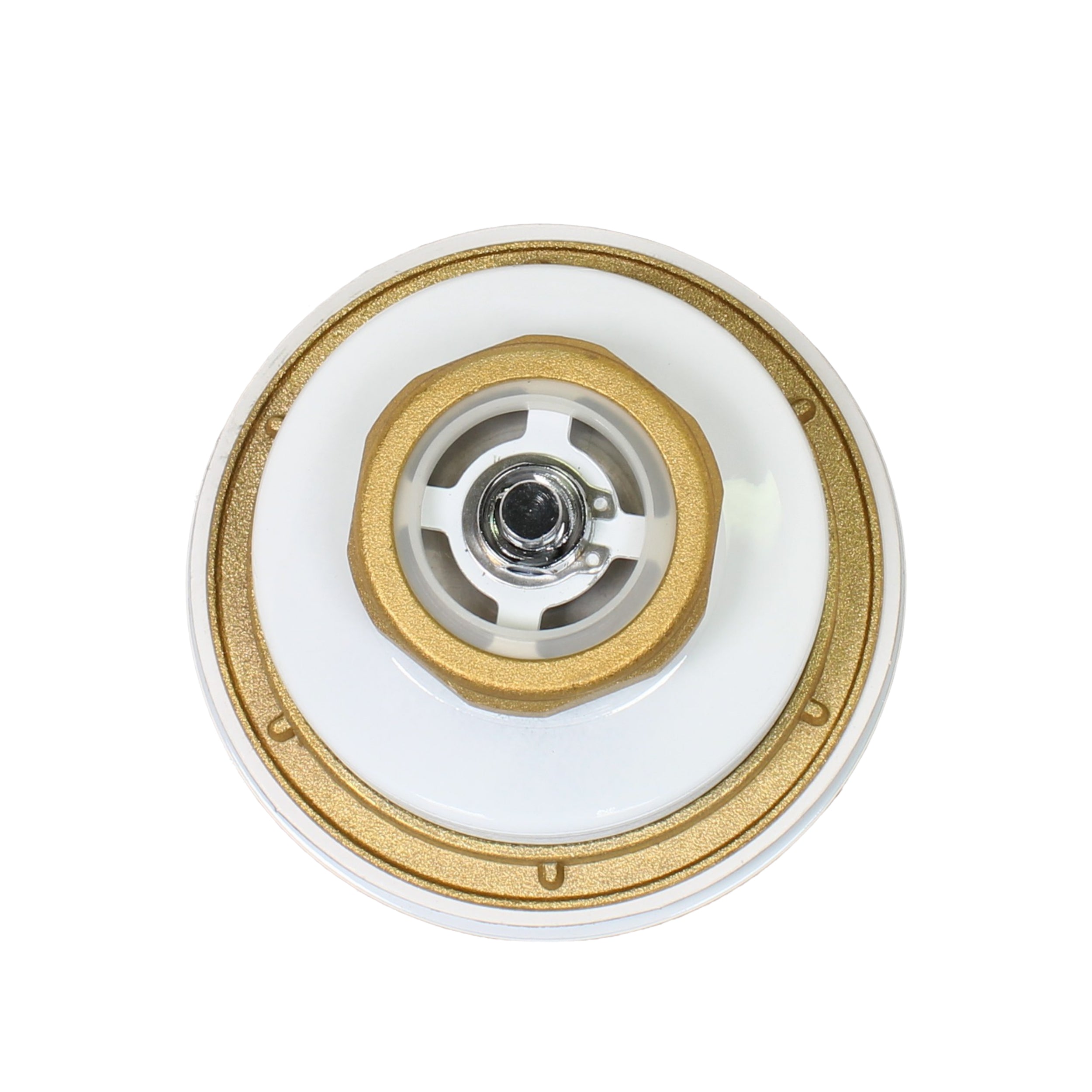 white strainer basket bottom view with gold brass nuts