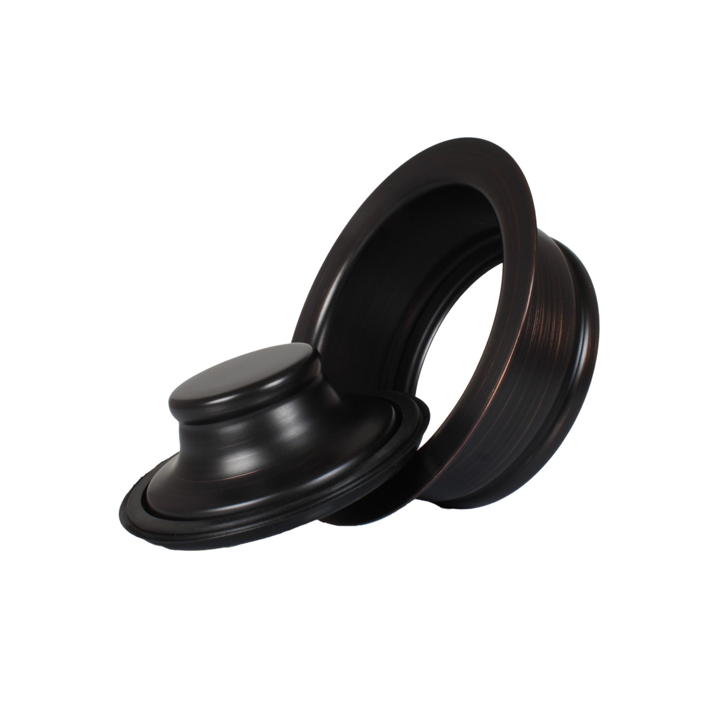 Oil-rubbed bronze flange and stopper on a white background