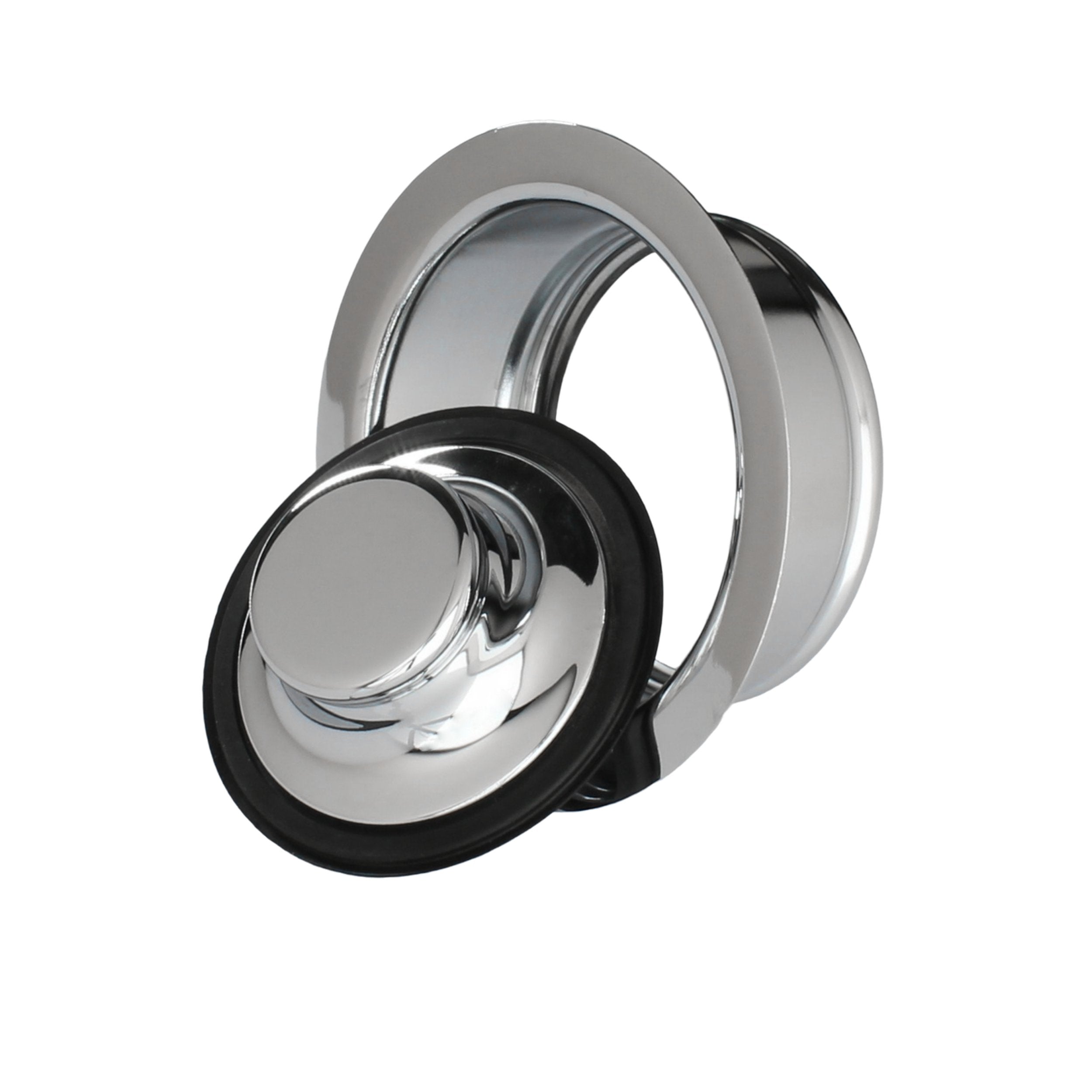 Polished chrome sink flange and stopper on a white background