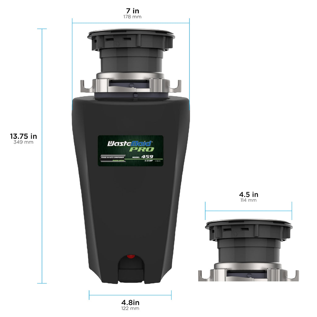 Waste Master Pro 450 garbage disposal with dimensions labeled on a white background