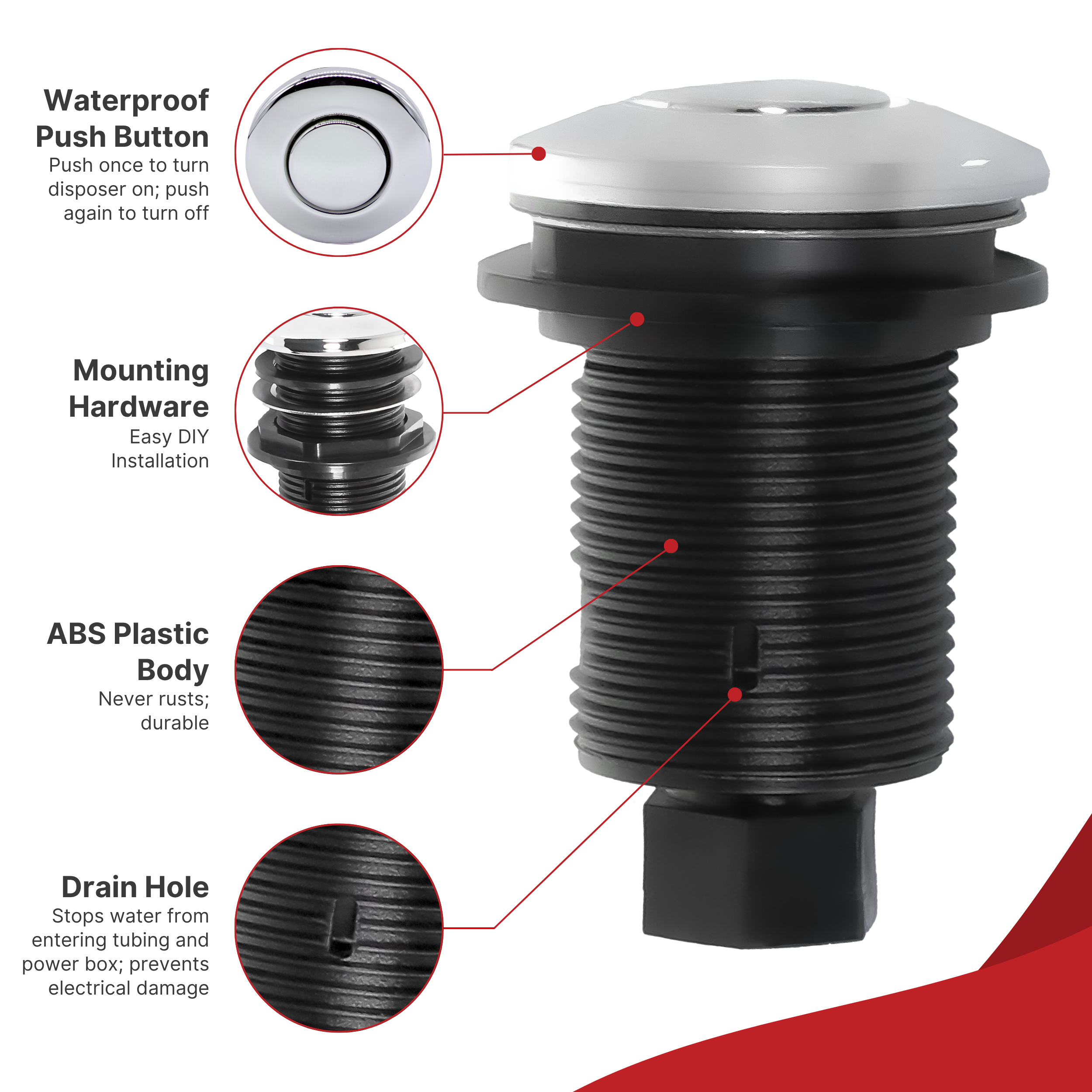 Disposal air switch button components highlights 