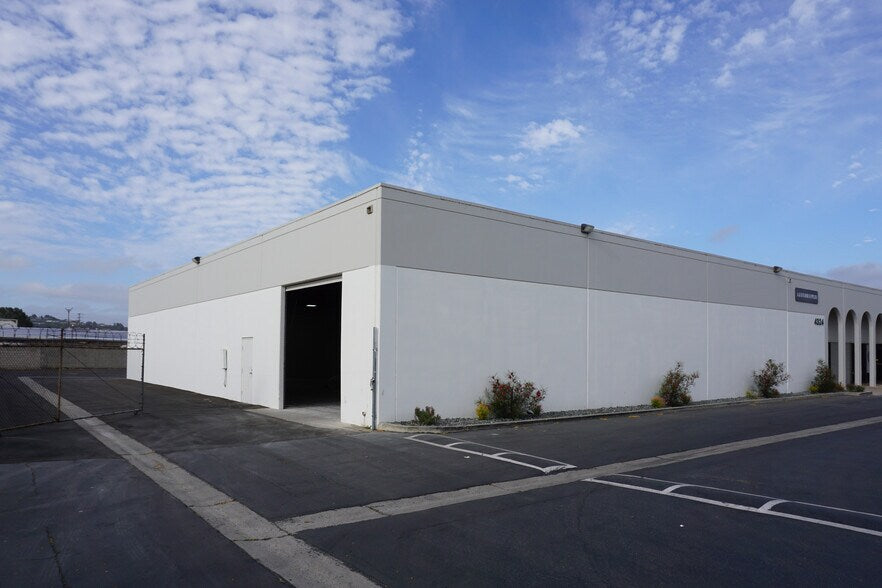 White warehouse with a clear blue sky