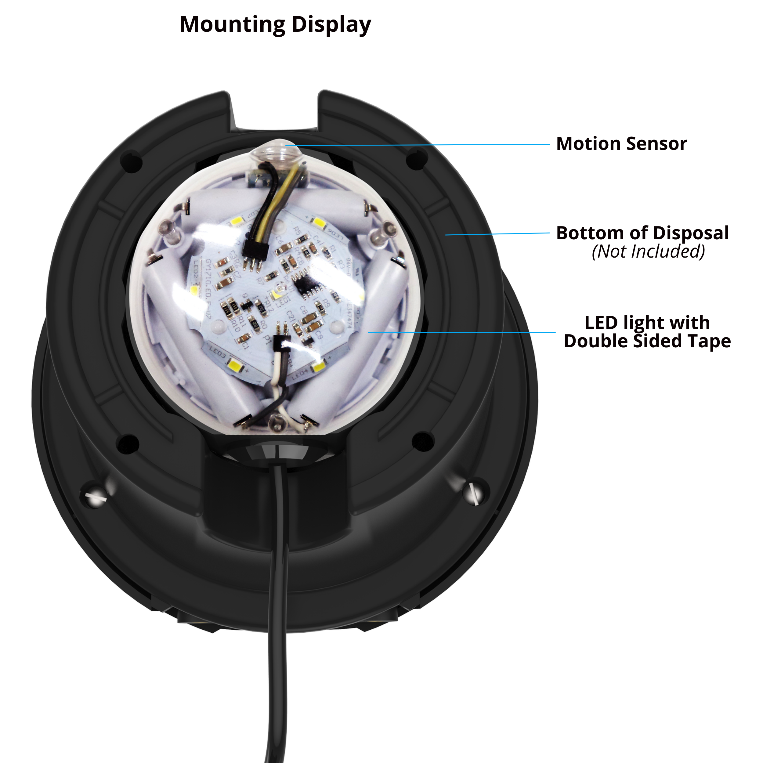 Garbage disposal with light mounted underneath, highlighting the light and unit.