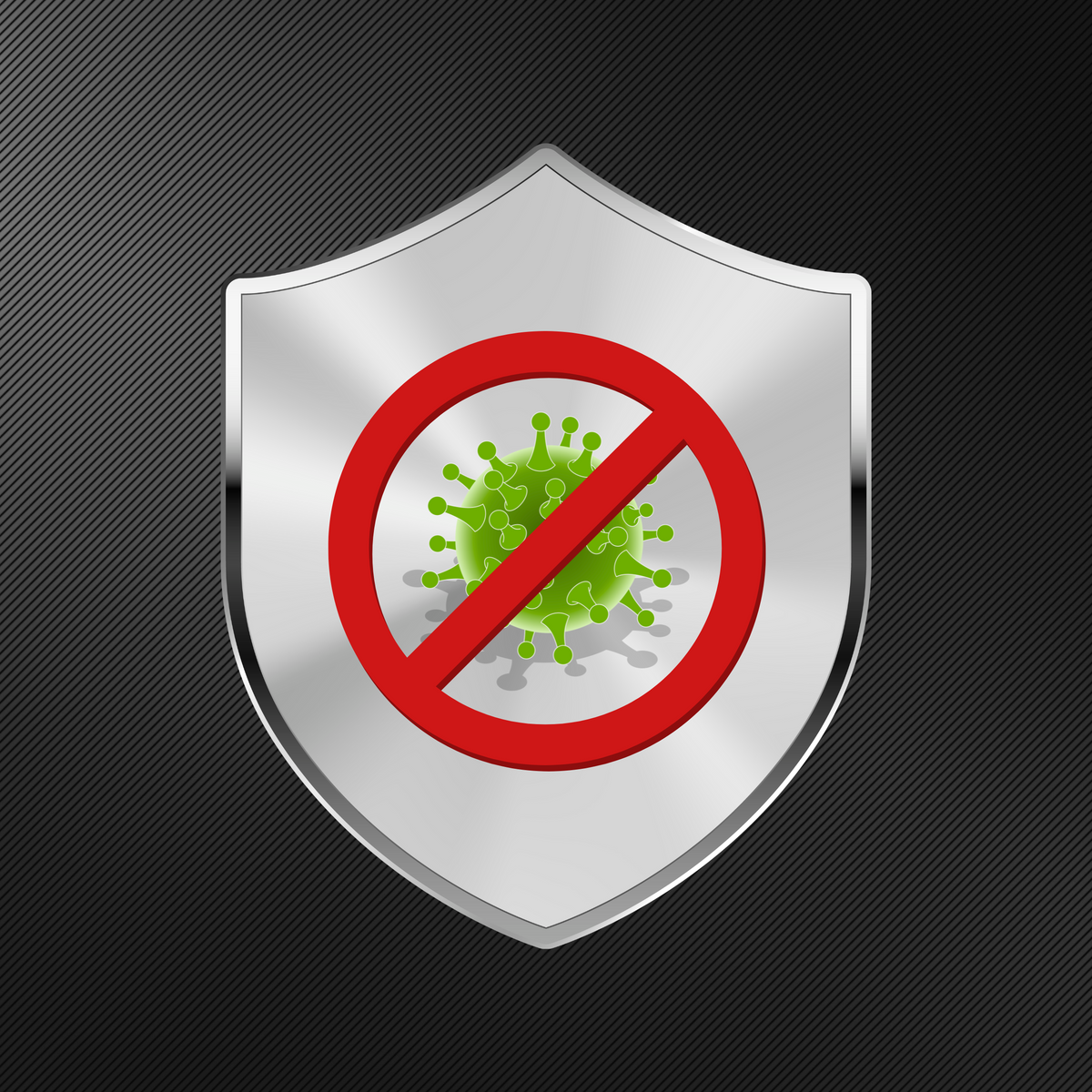 Metallic shield icon with a red circle and line through it, featuring a green virus symbol on a dark background.