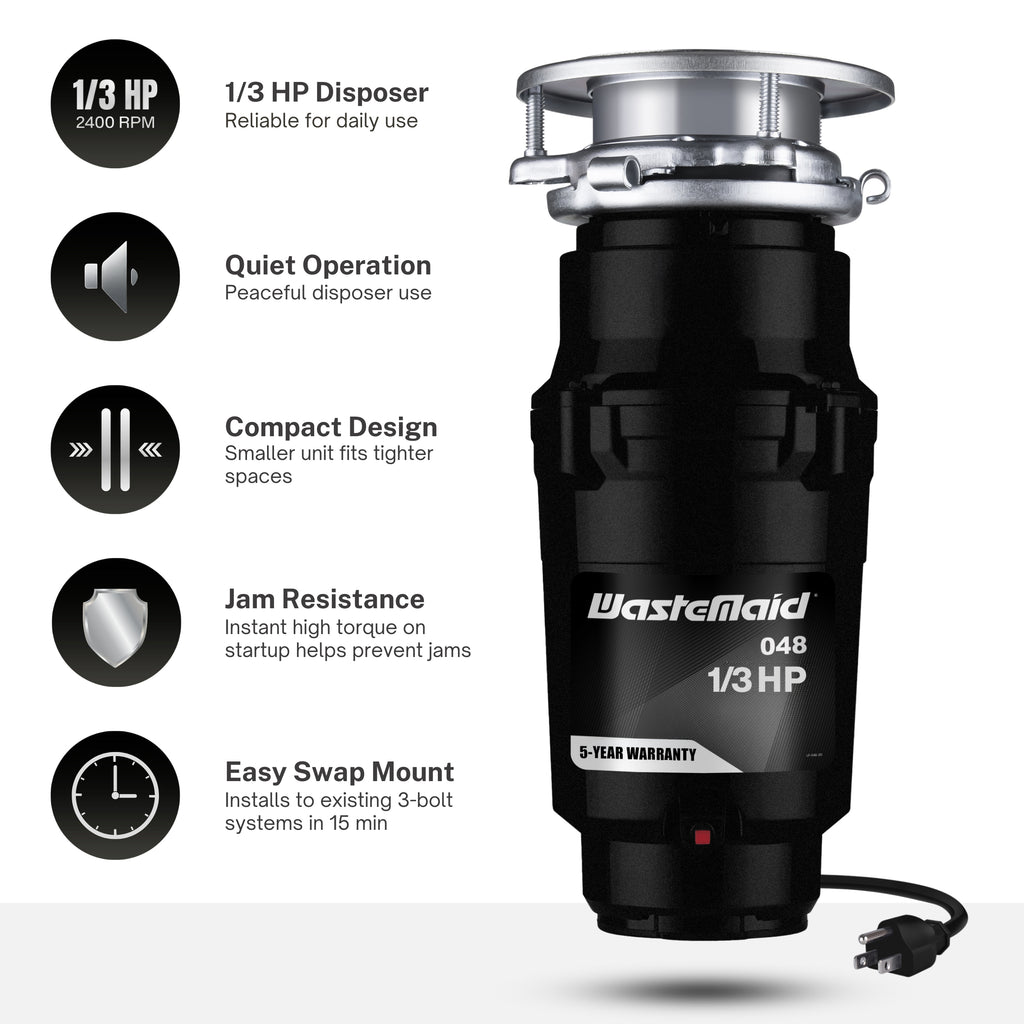 Waste Maid garbage disposal with features listed on a white background