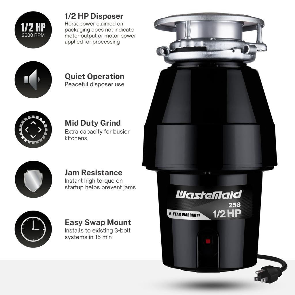 WasteMaid garbage disposal with features listed on a white background