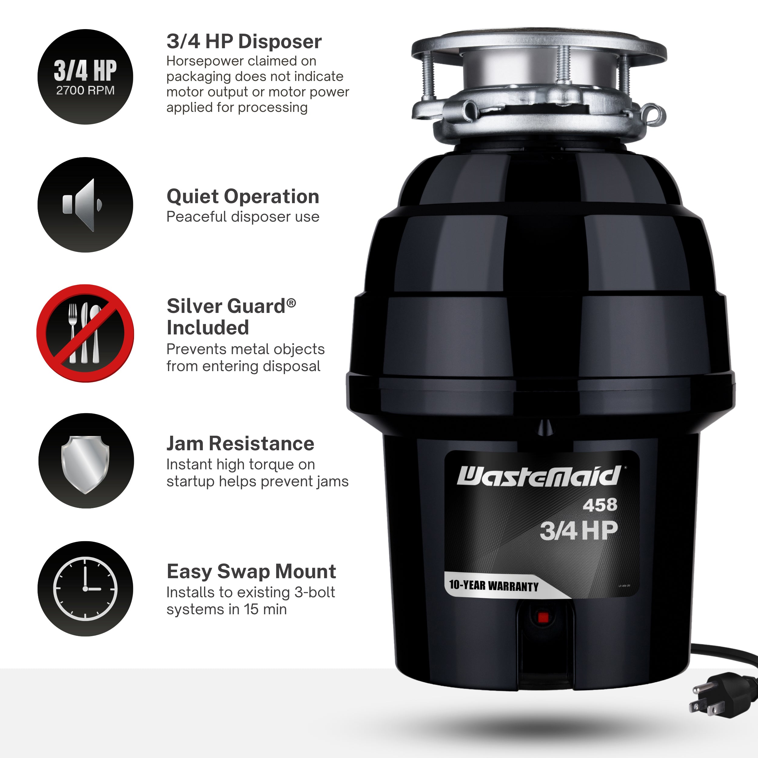Black kitchen disposer with features listed on a white background