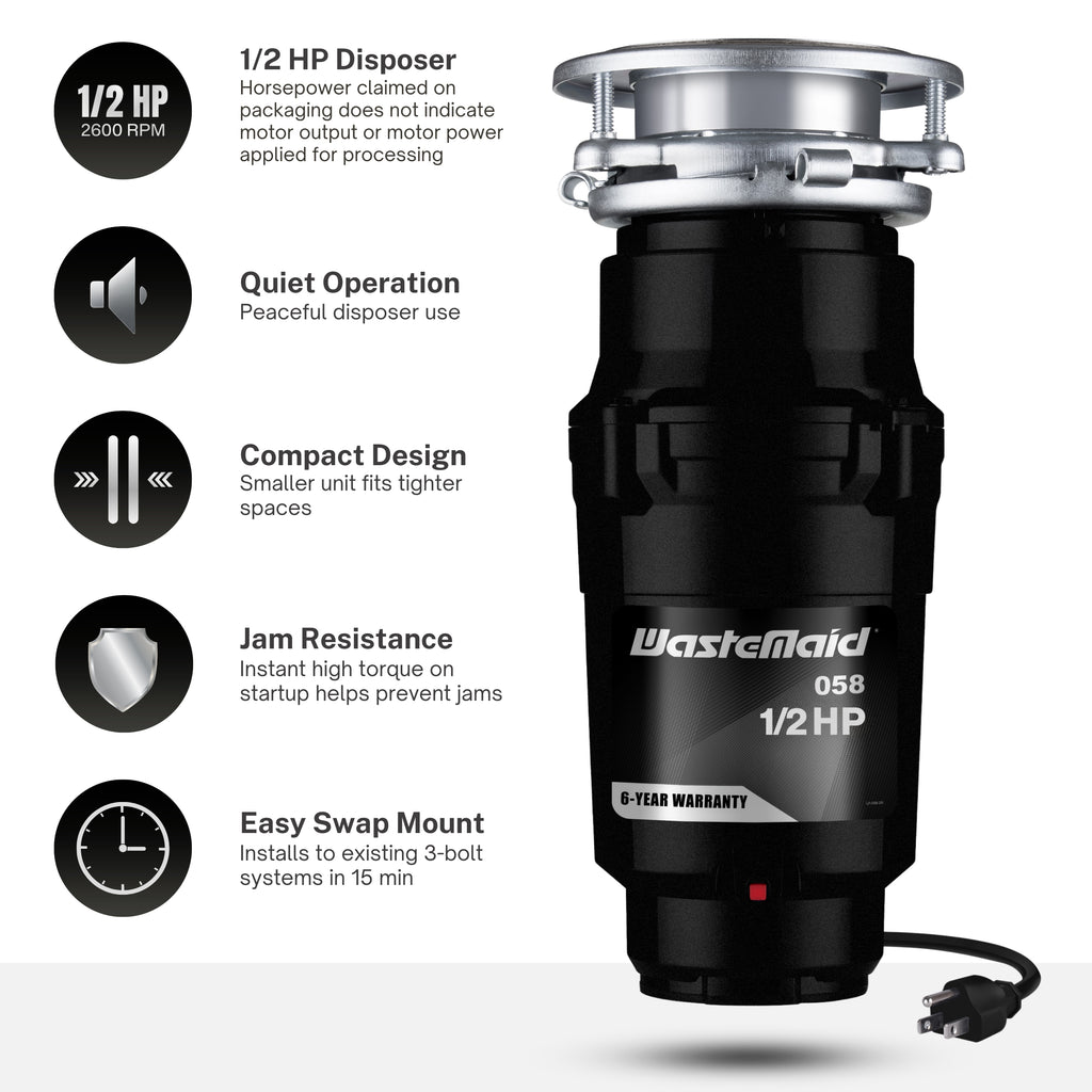 WasteMaid garbage disposal with features listed on a white background