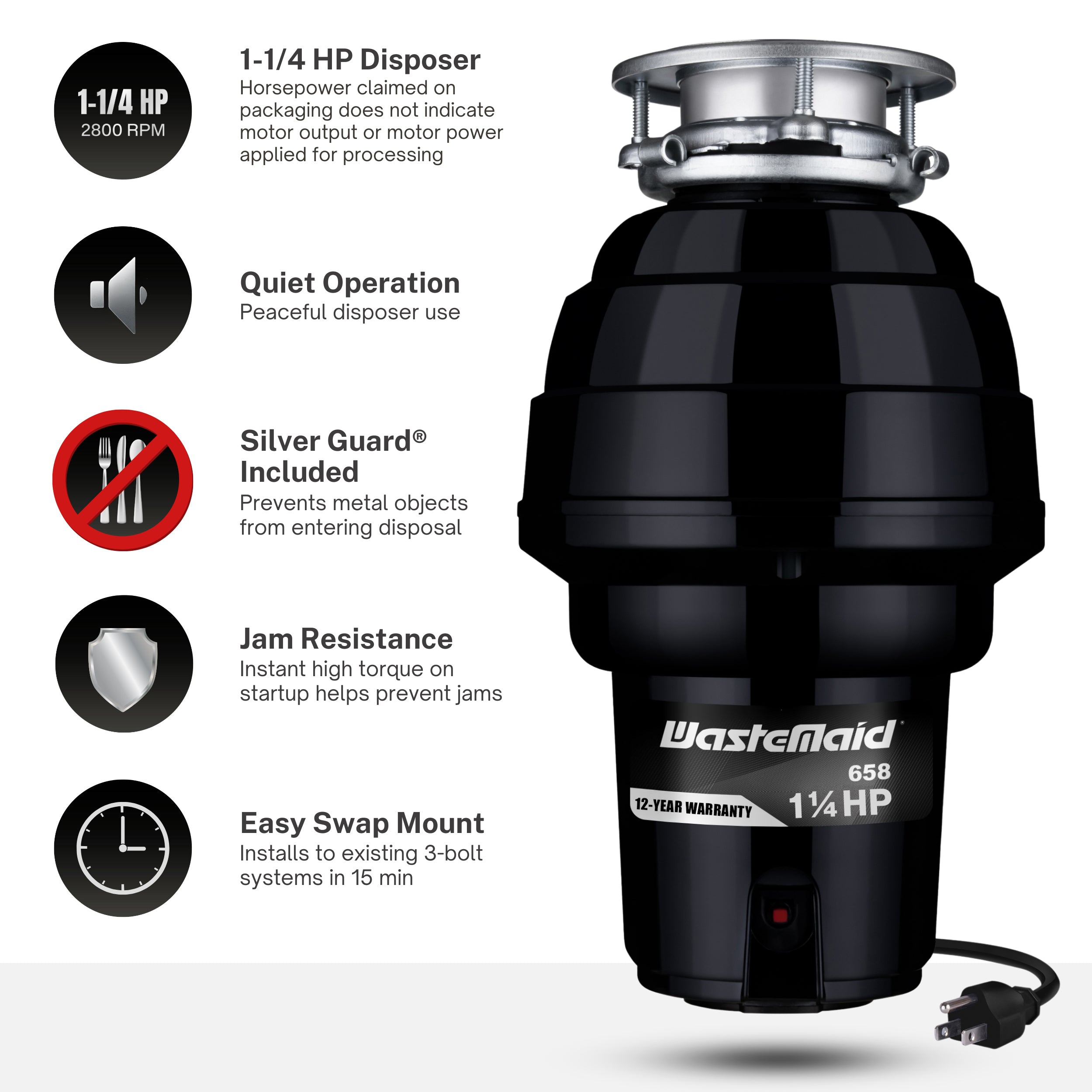 Waste maid garbage disposal with features listed on a white background