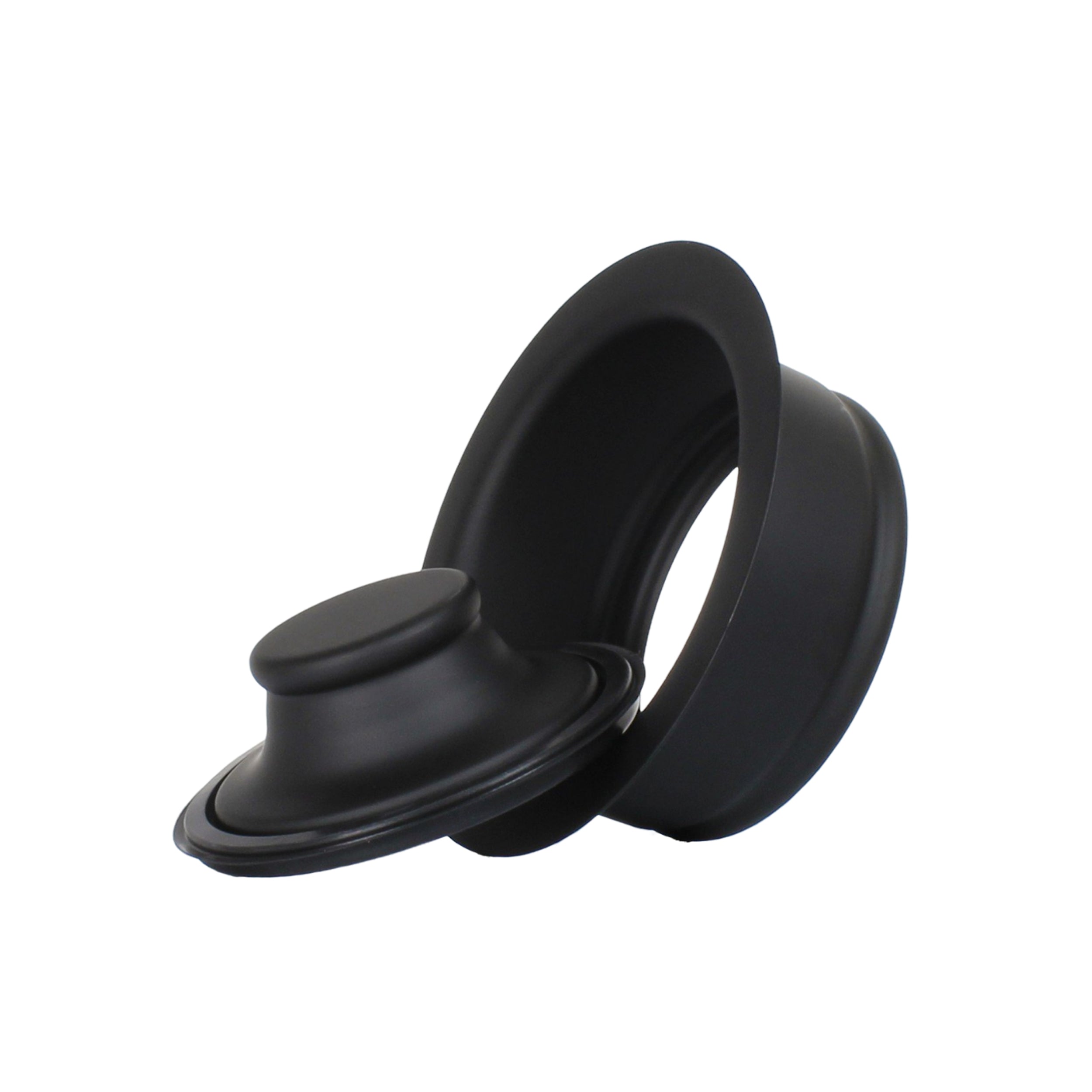Black disposal flange and stopper kit on a white background