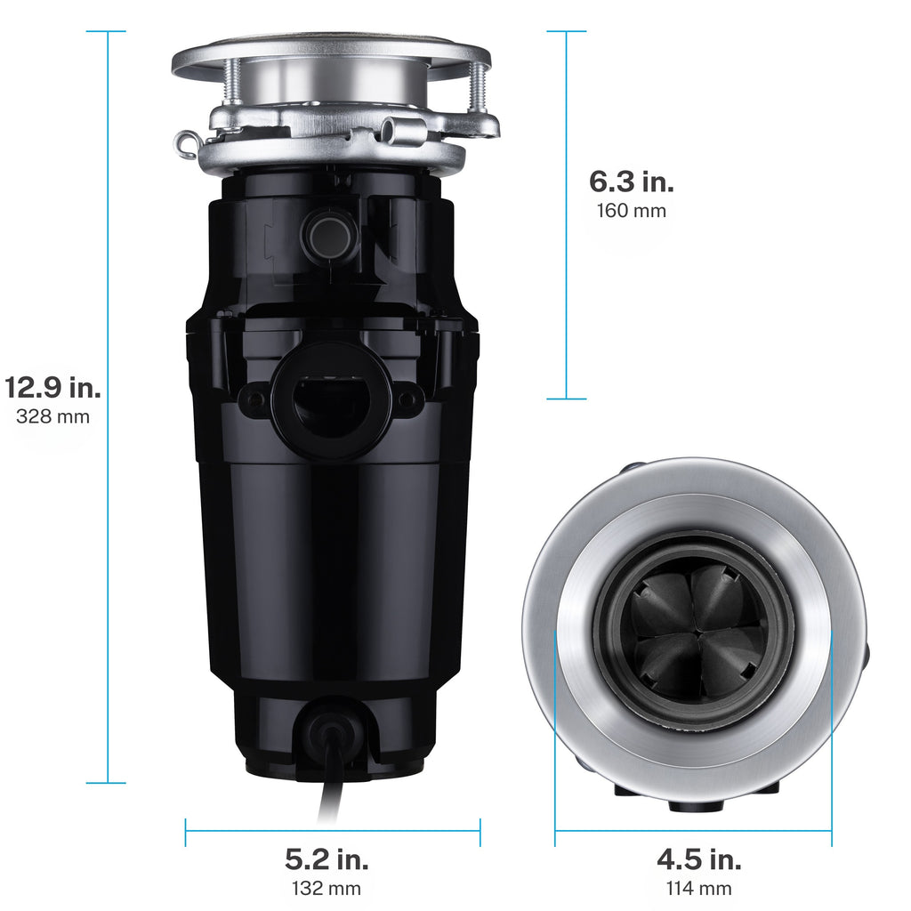 Kitchen sink disposal with dimensions labeled on a white background