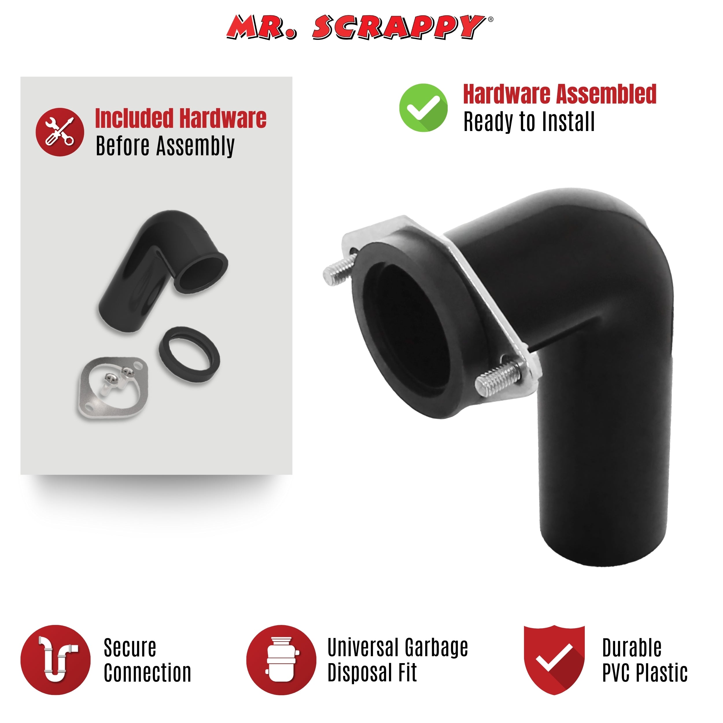 Dispsoal elbow kit before and after assembled with 3 feature icons