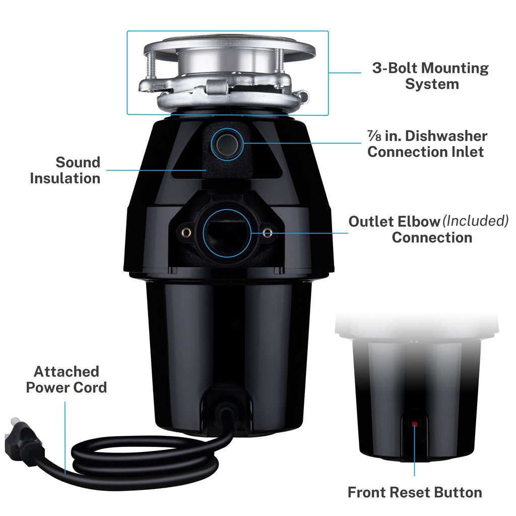 Black garbage disposal unit with labeled features on a white background