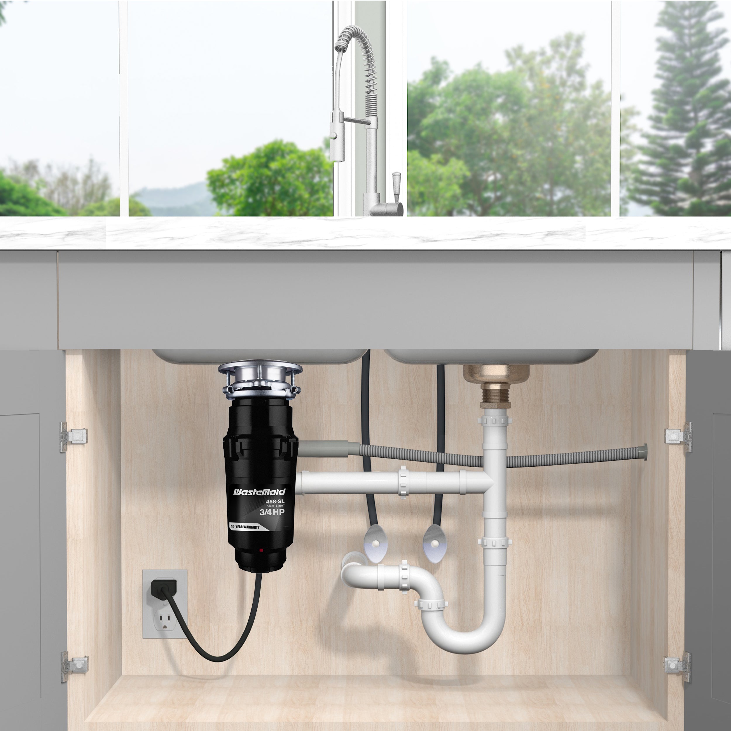 Under-sink plumbing system with disposal unit in a kitchen setting