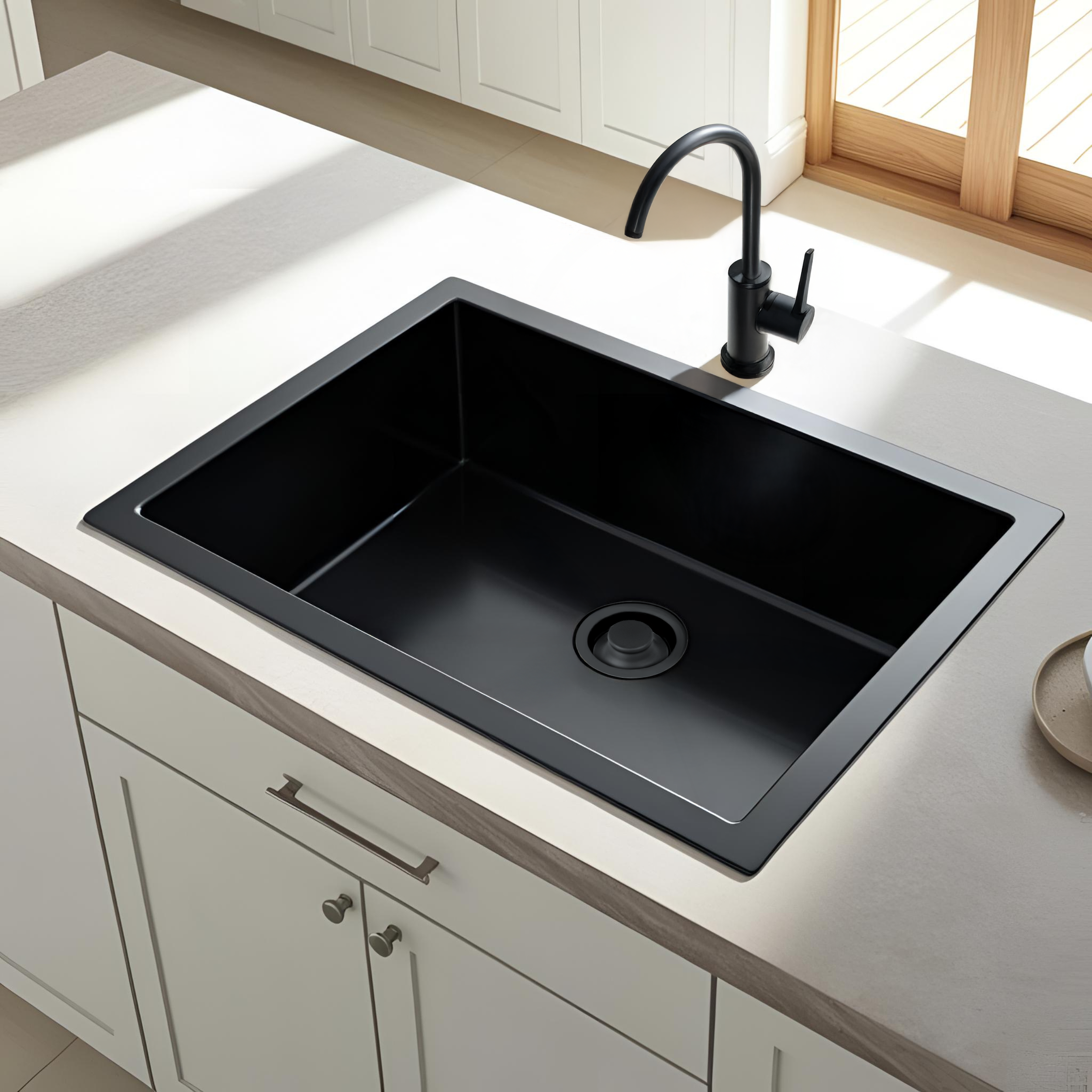 Top View of Black Modern sink with matching flange and drain cover
