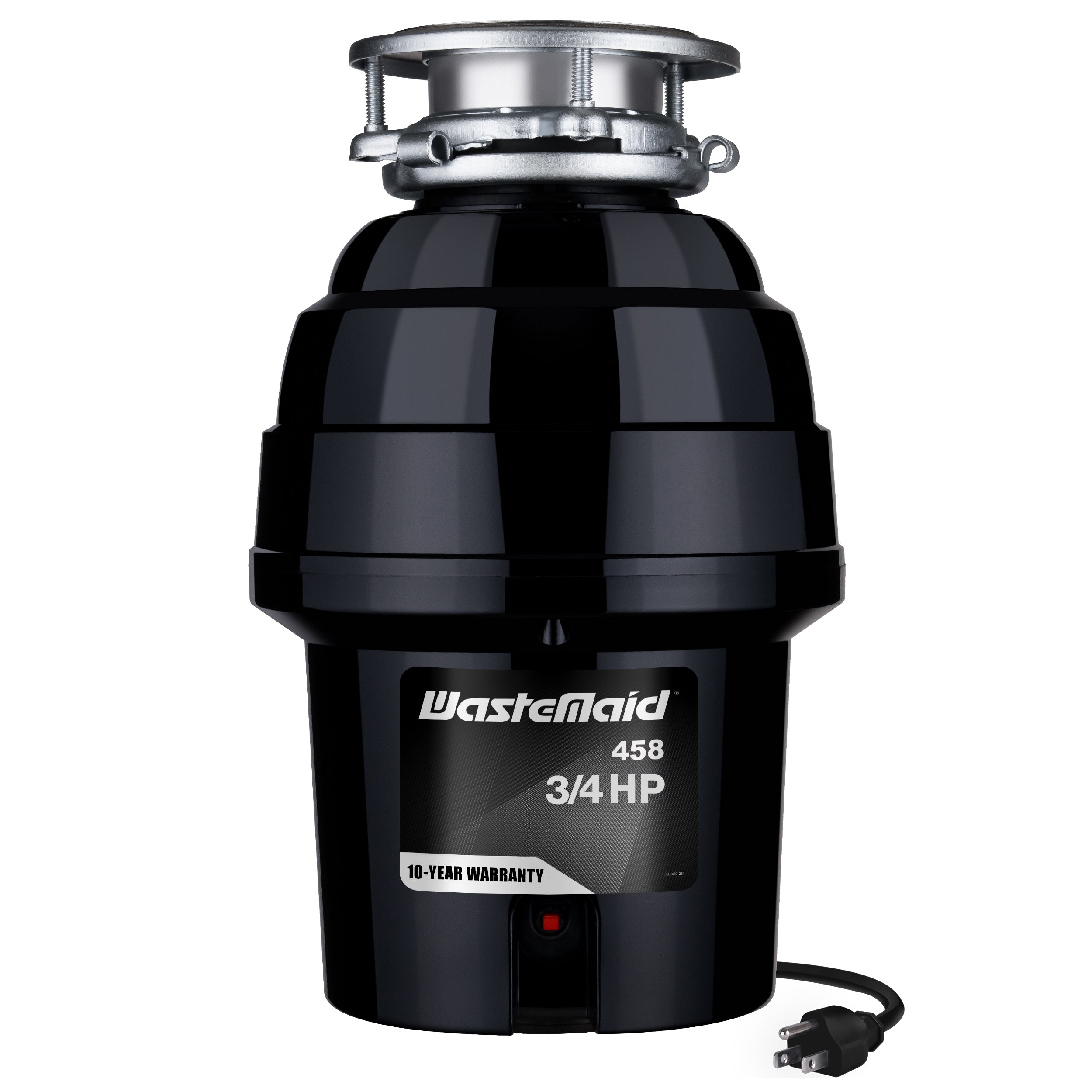 Black WasteMaid garbage disposal with visible branding on a white background