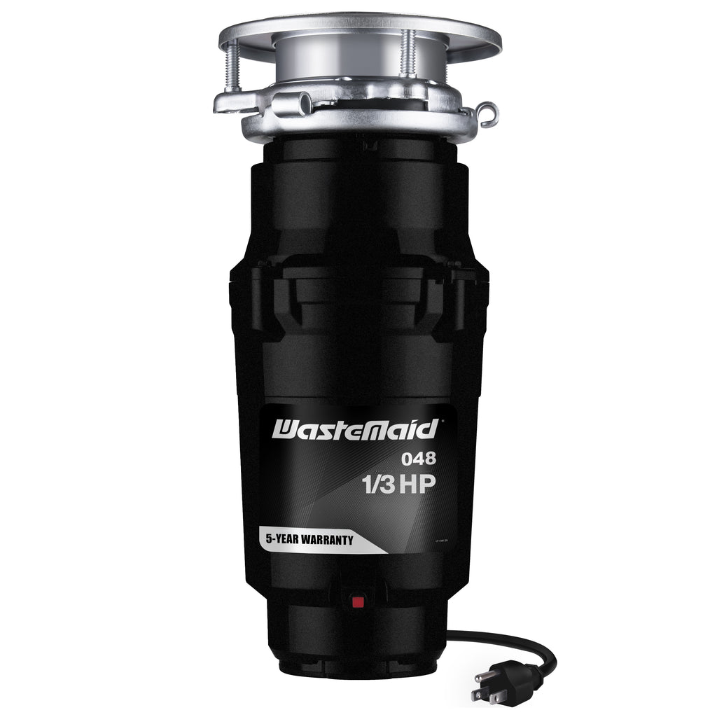 Black Wastemaid garbage disposal unit on a white background