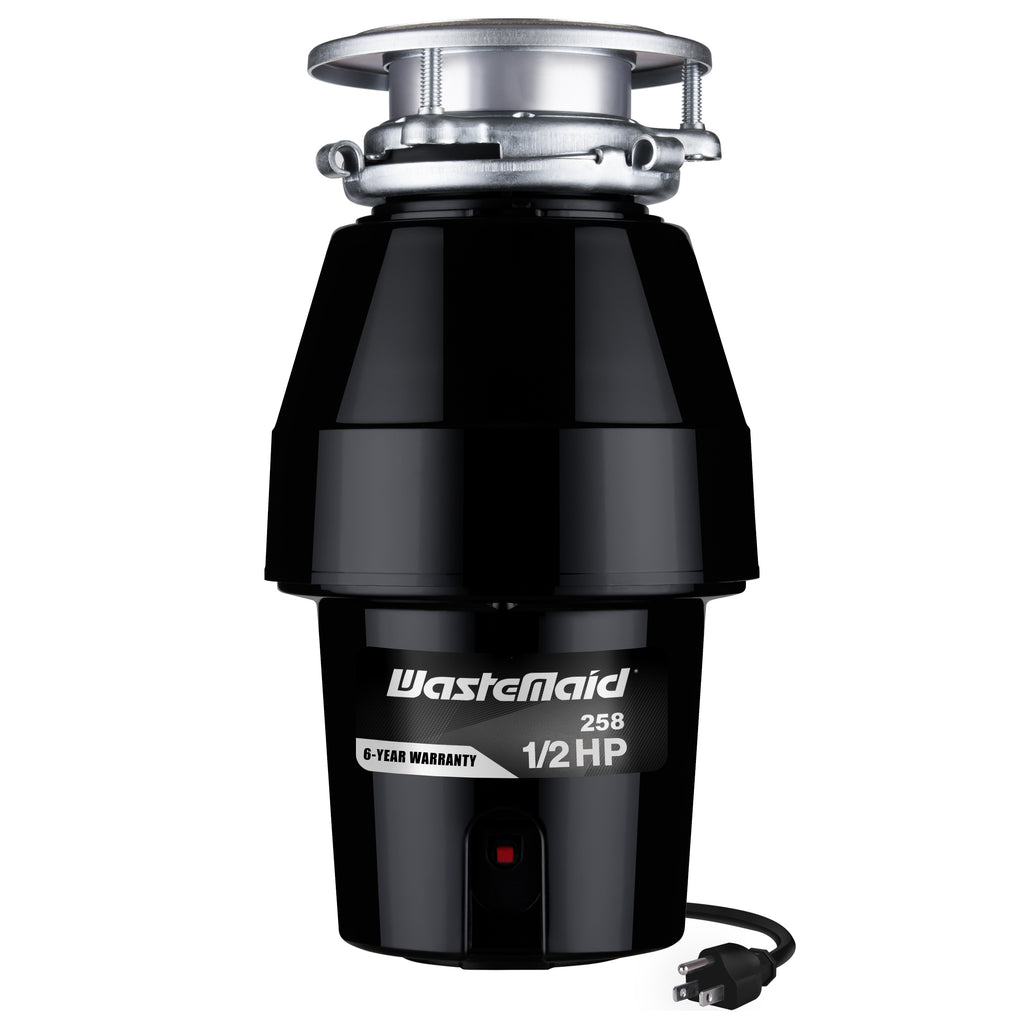 Black WasteMaid garbage disposal with visible brand logo on a white background