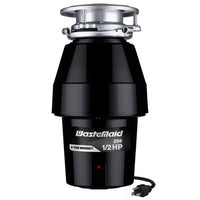 Black WasteMaid garbage disposal with visible brand logo on a white background
