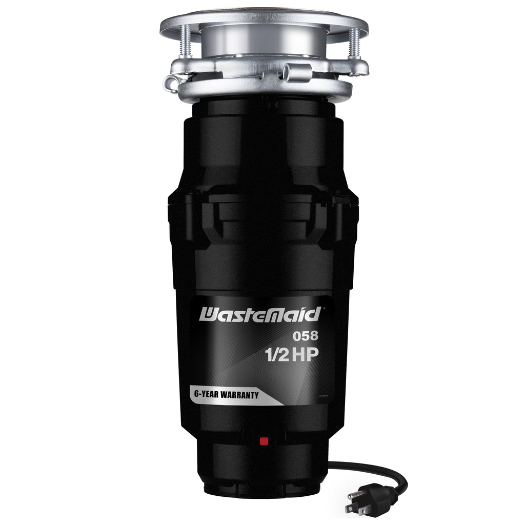 Black WasteMaid garbage disposal with visible branding on a white background