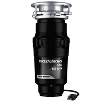 Black WasteMaid garbage disposal with visible branding on a white background