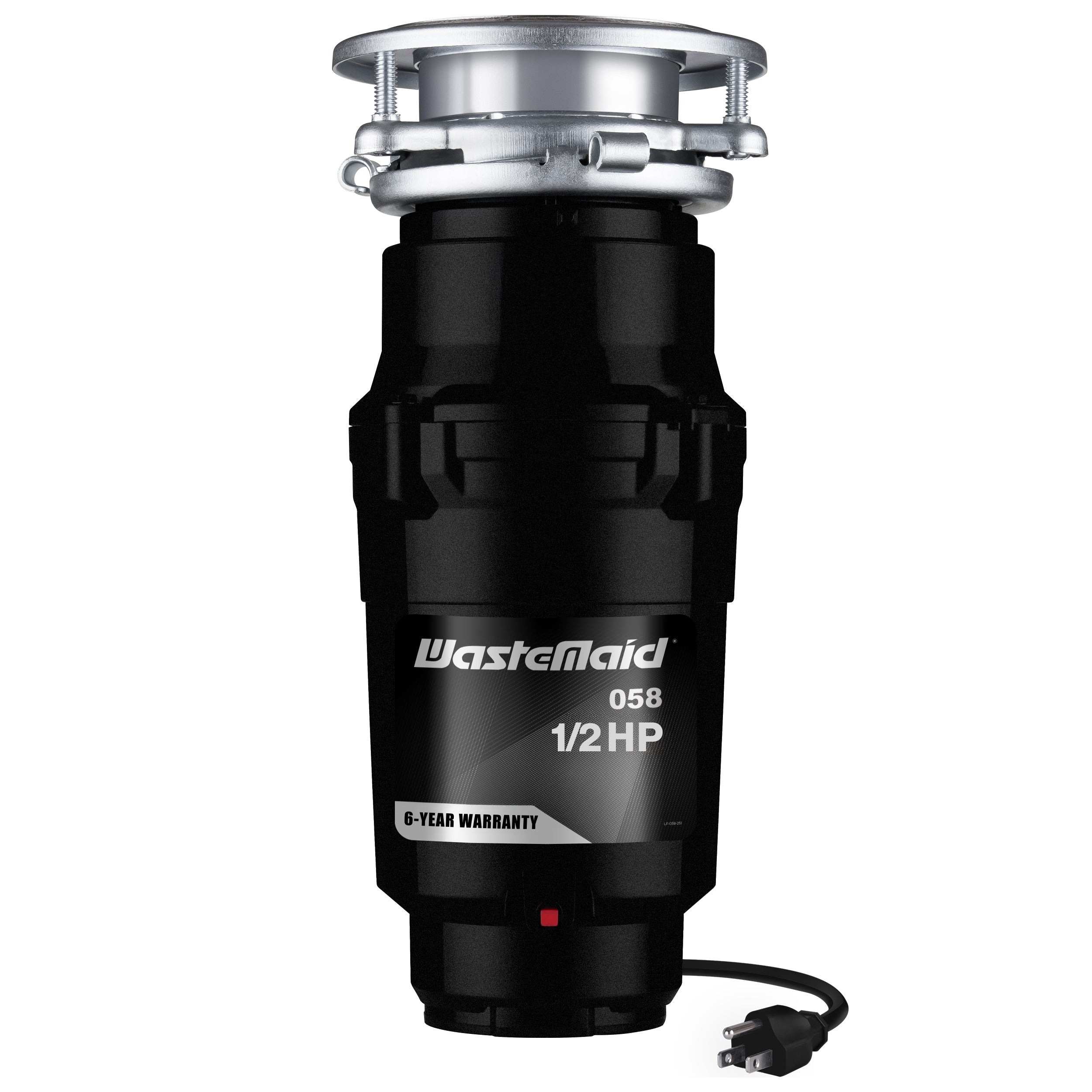 Black WasteMaid garbage disposal with visible branding on a white background