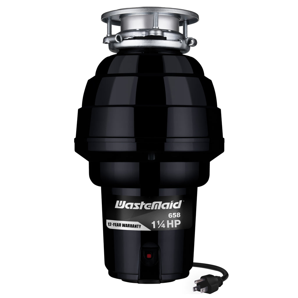 Black Wastemaid garbage disposal with visible branding on a white background