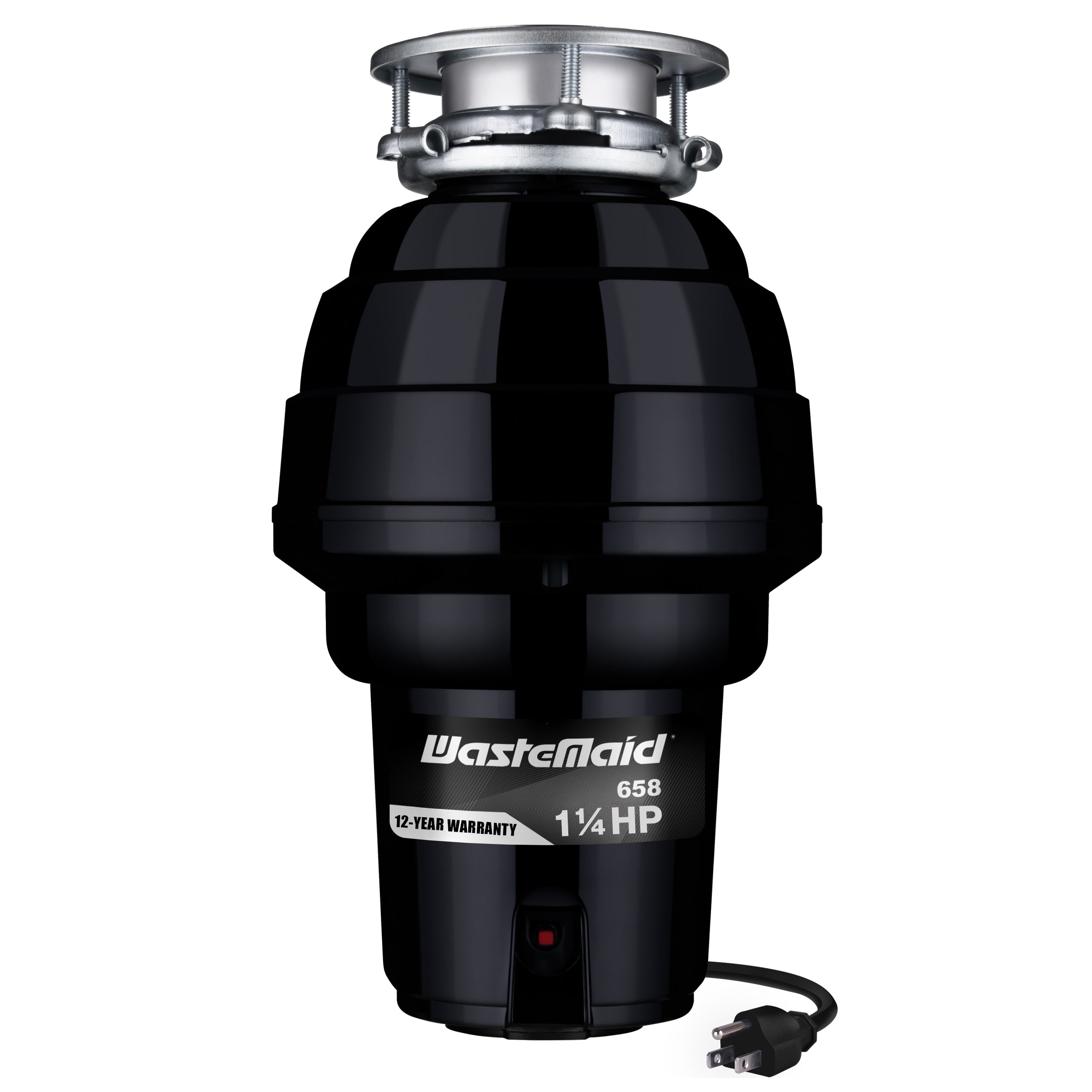 Black Wastemaid garbage disposal with visible branding on a white background