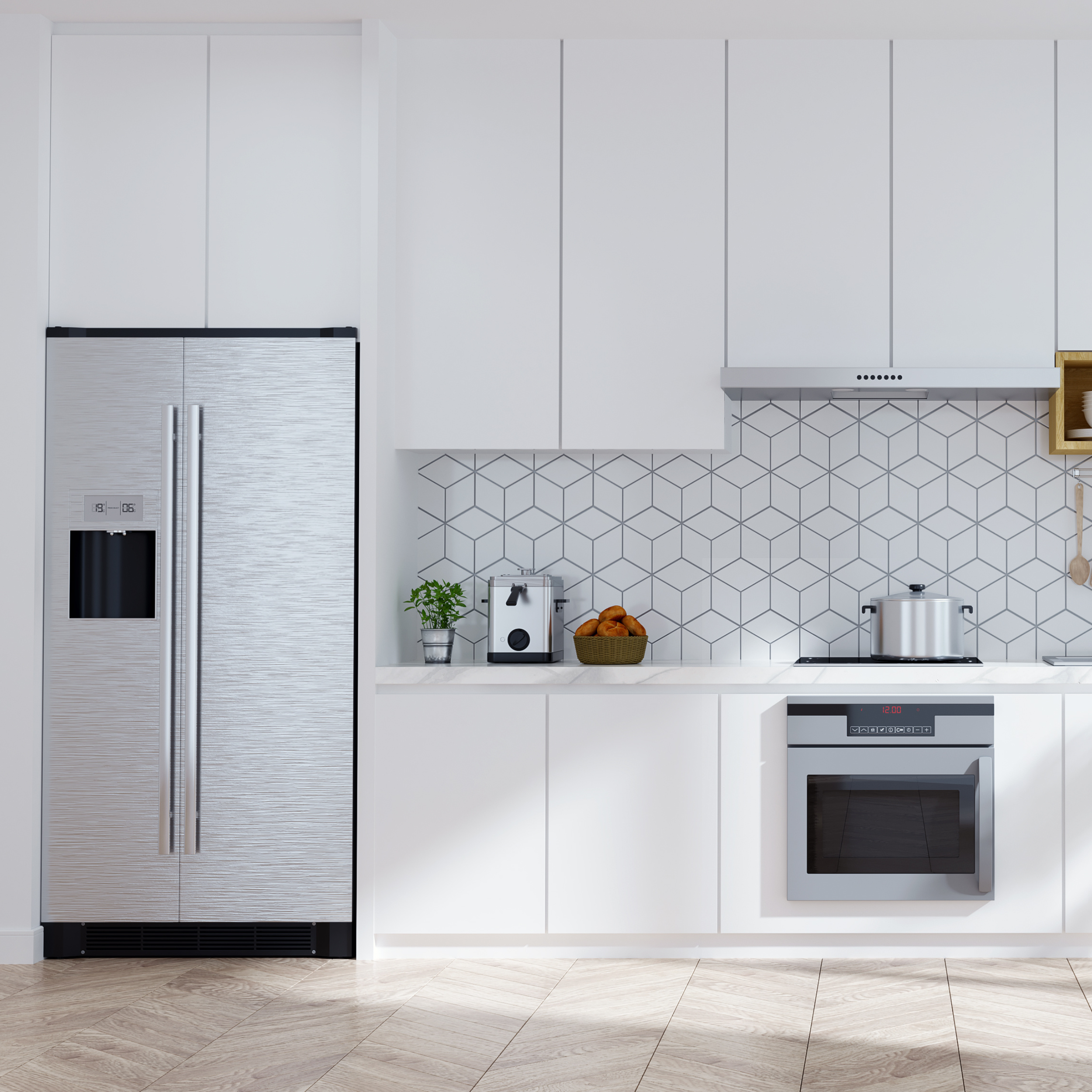 Modern kitchen with white cabinets, geometric tile backsplash, and stainless steel appliances.