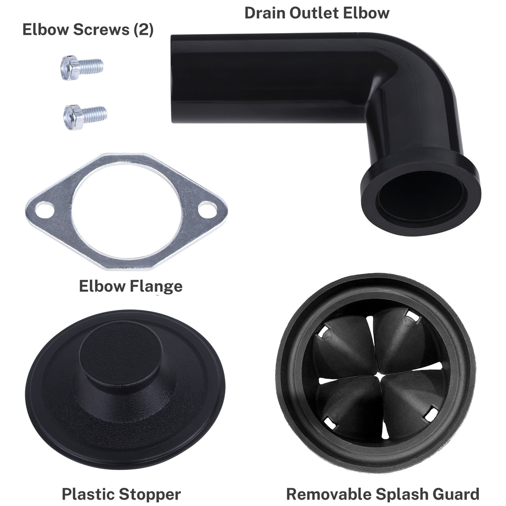 Set of plumbing parts including Drain Outlet Elbow, Elbow Screws, Elbow Flange, Plastic Stopper, and Removable Splash Guard on a white background.