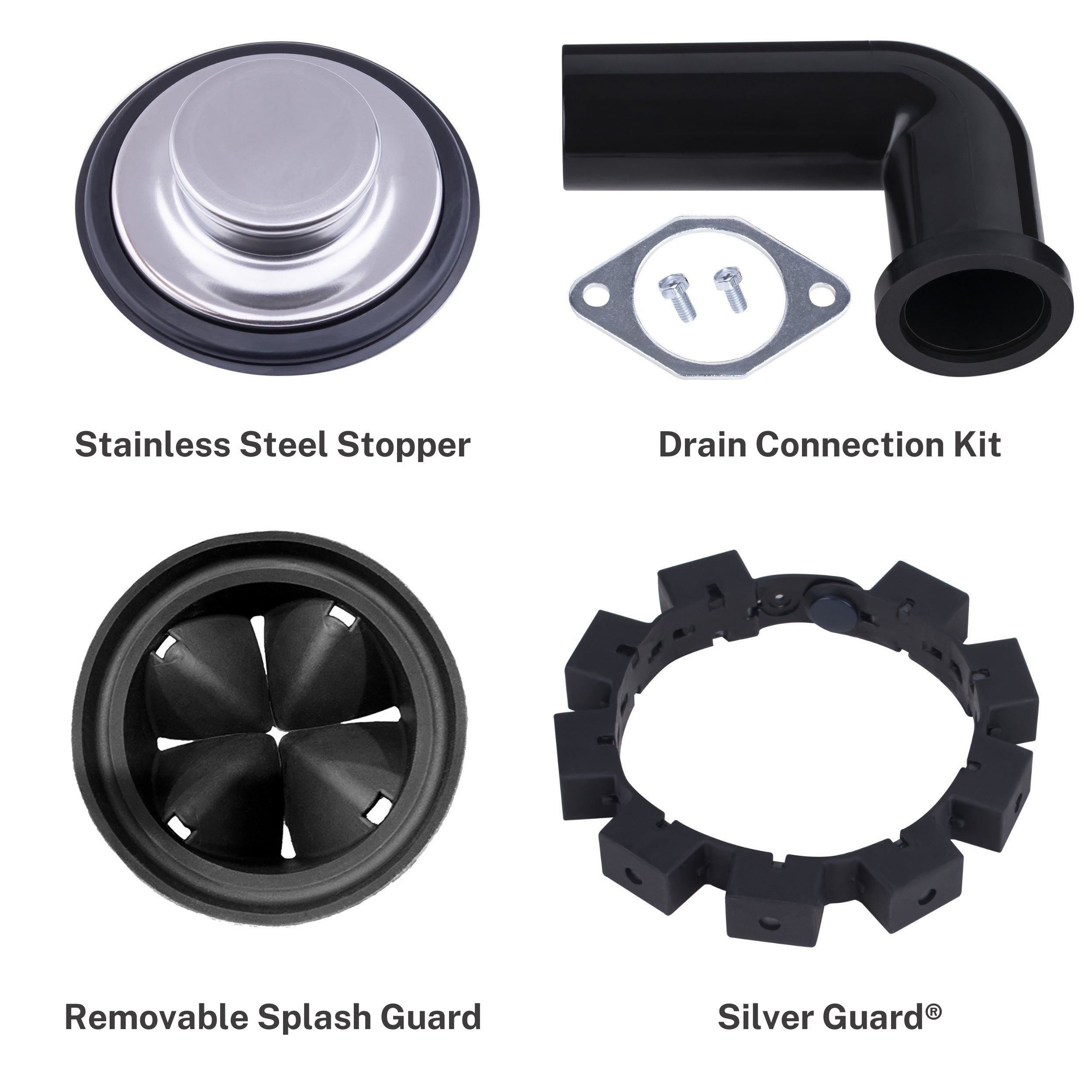 Set of plumbing parts including a stainless steel stopper, drain connection kit, removable splash guard, and silver guard on a white background.