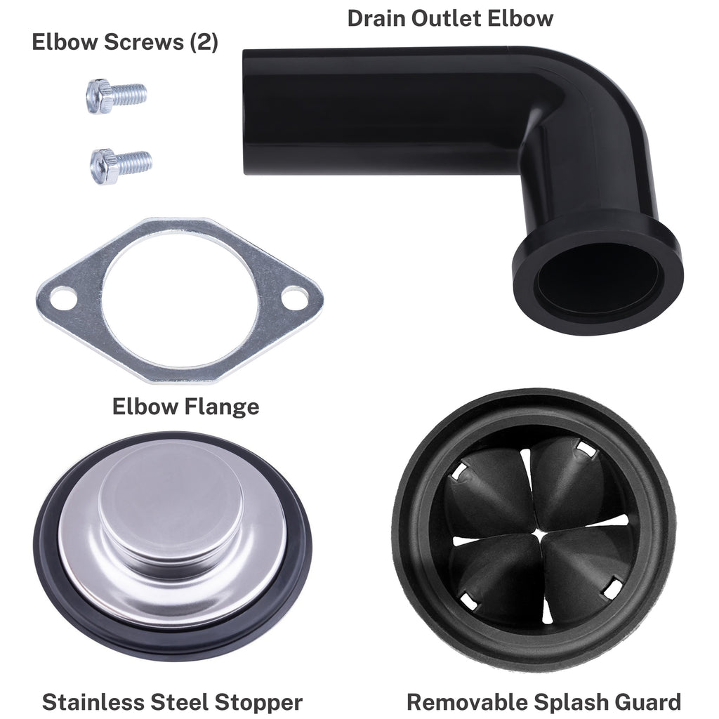 Set of plumbing parts including Drain Outlet Elbow, Elbow Screws, Elbow Flange, Stainless Steel Stopper, and Removable Splash Guard on a white background.