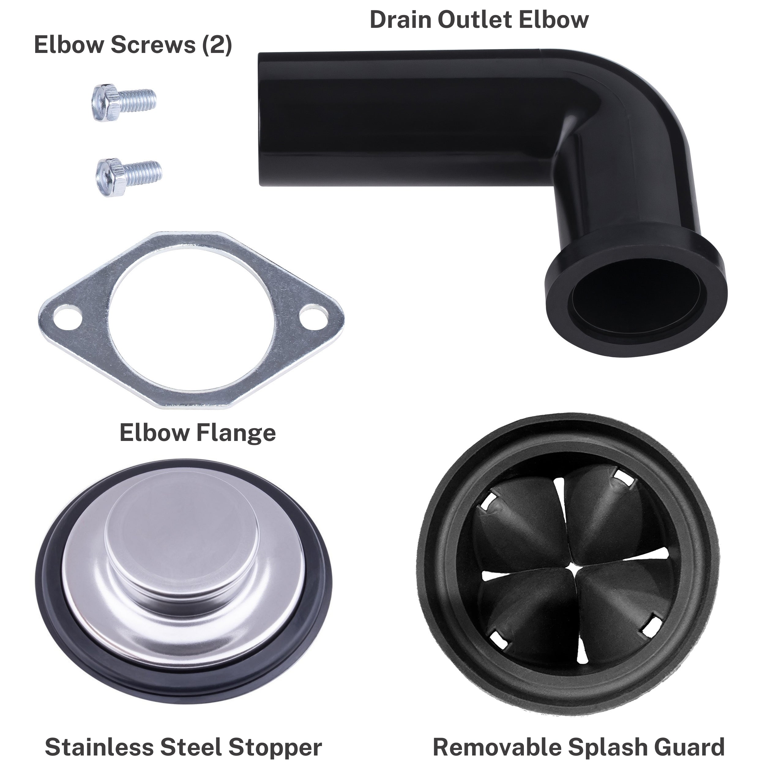 Set of plumbing parts including Drain Outlet Elbow, Elbow Screws, Elbow Flange, Stainless Steel Stopper, and Removable Splash Guard on a white background.