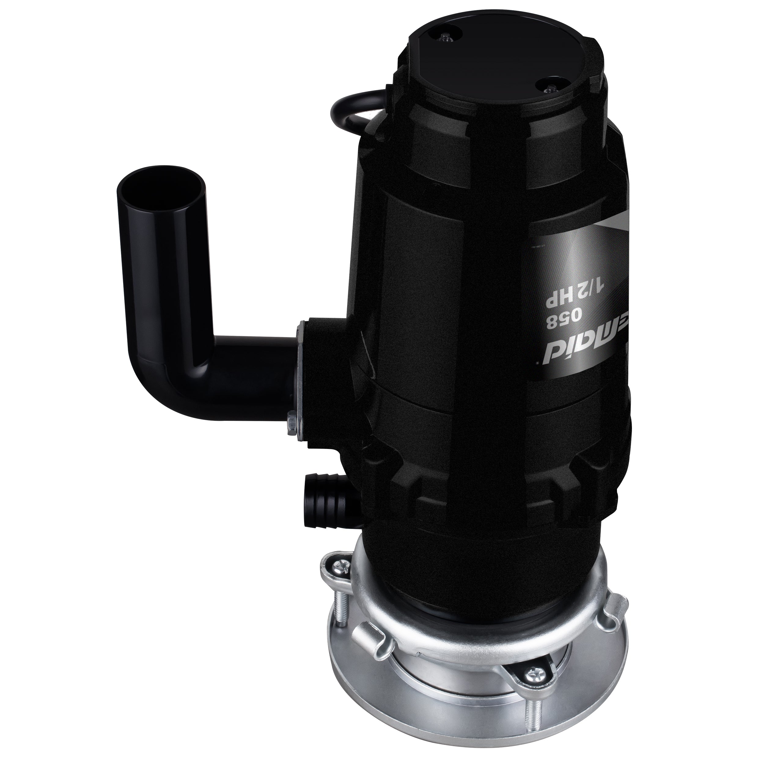 upside down side view of slim black disposal with elbow attached