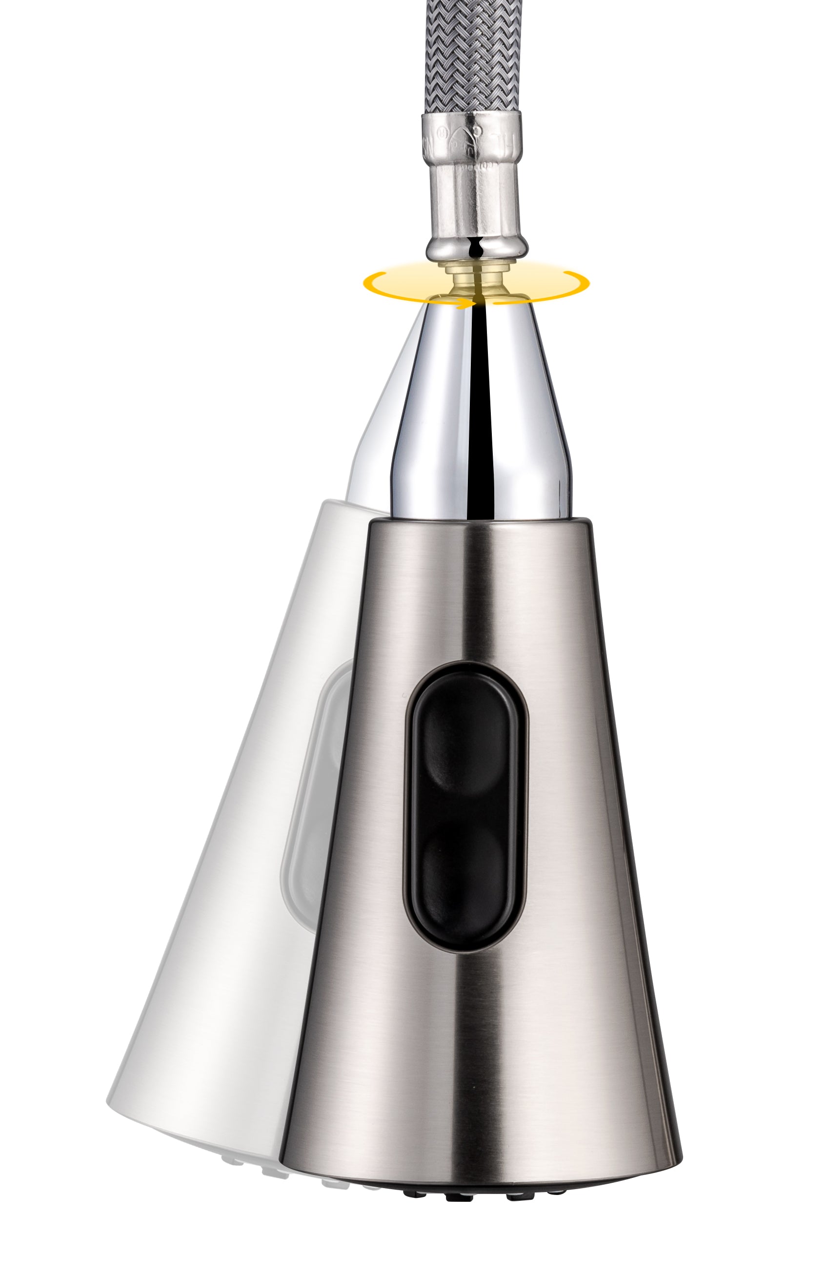 Stainless steel kitchen faucet spray head twisting motion on a white background