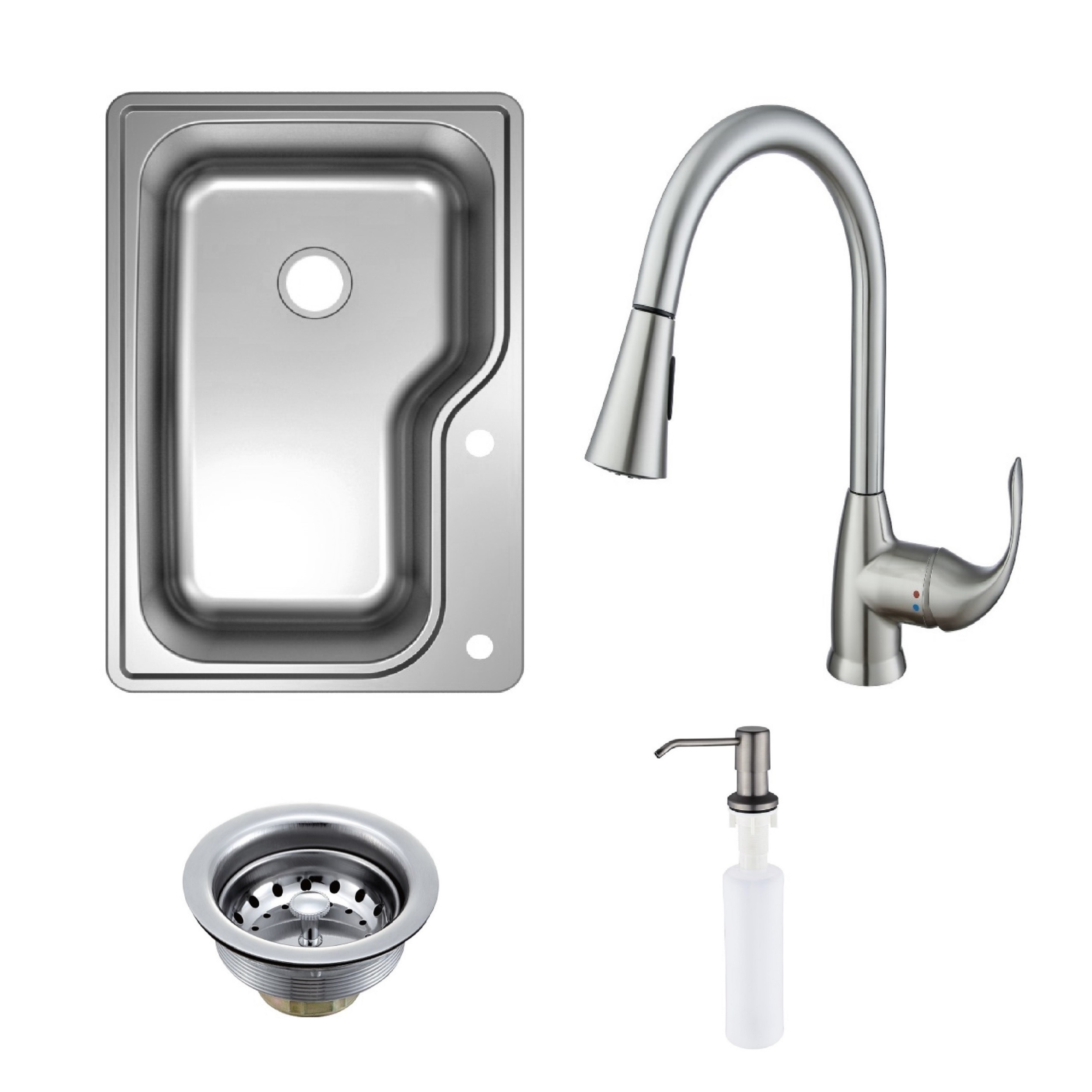 Stainless steel kitchen sink, faucet, strainer, and soap dispenser on a white background