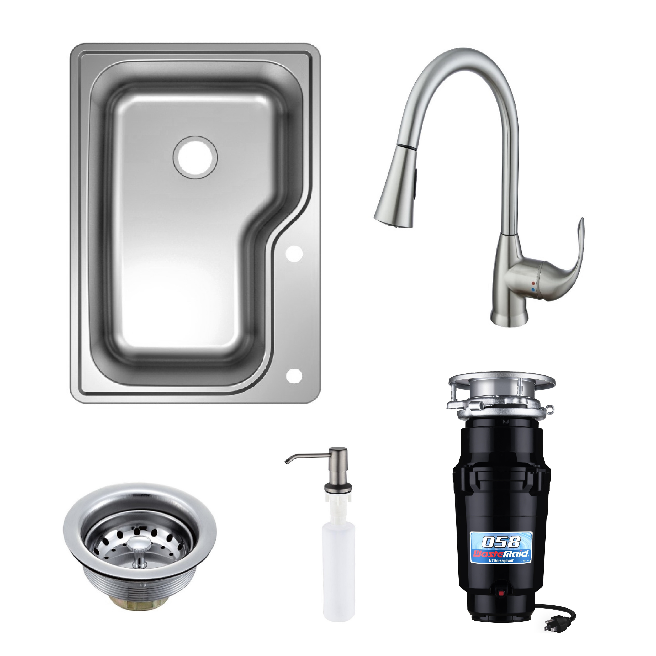 Collection of kitchen sink components including a sink, faucet, drain, soap dispenser, and garbage disposal on a white background.