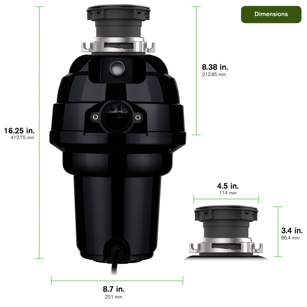Back view of a garbage disposal with diagram lines highlighting its overall measurements.