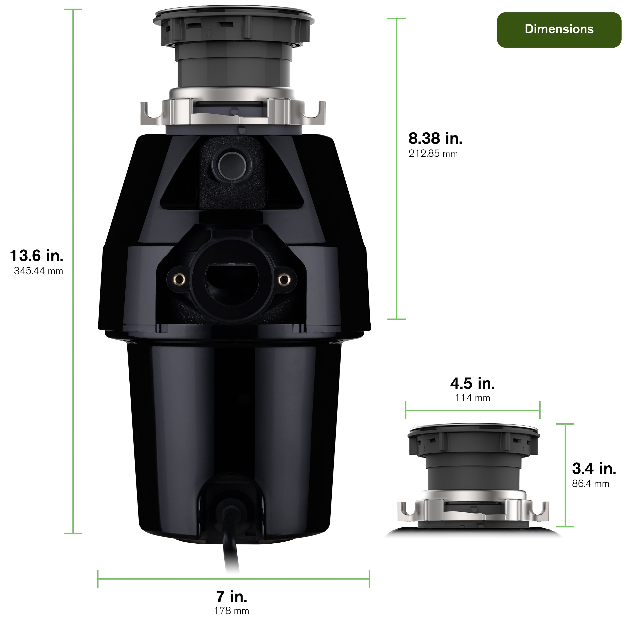 Back view of a garbage disposal with diagram lines highlighting its overall measurements.