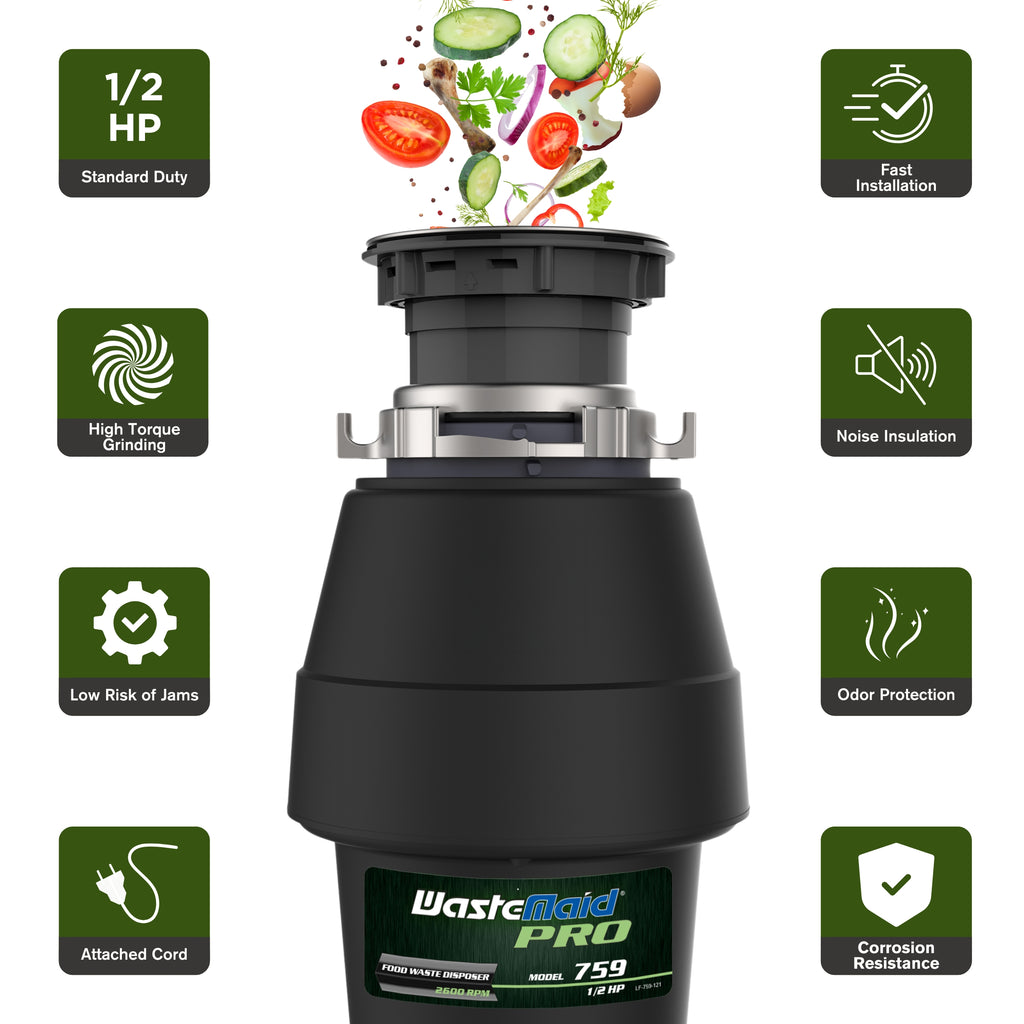 Half front view of a garbage disposal with food entering the top and feature icons displayed around the unit.