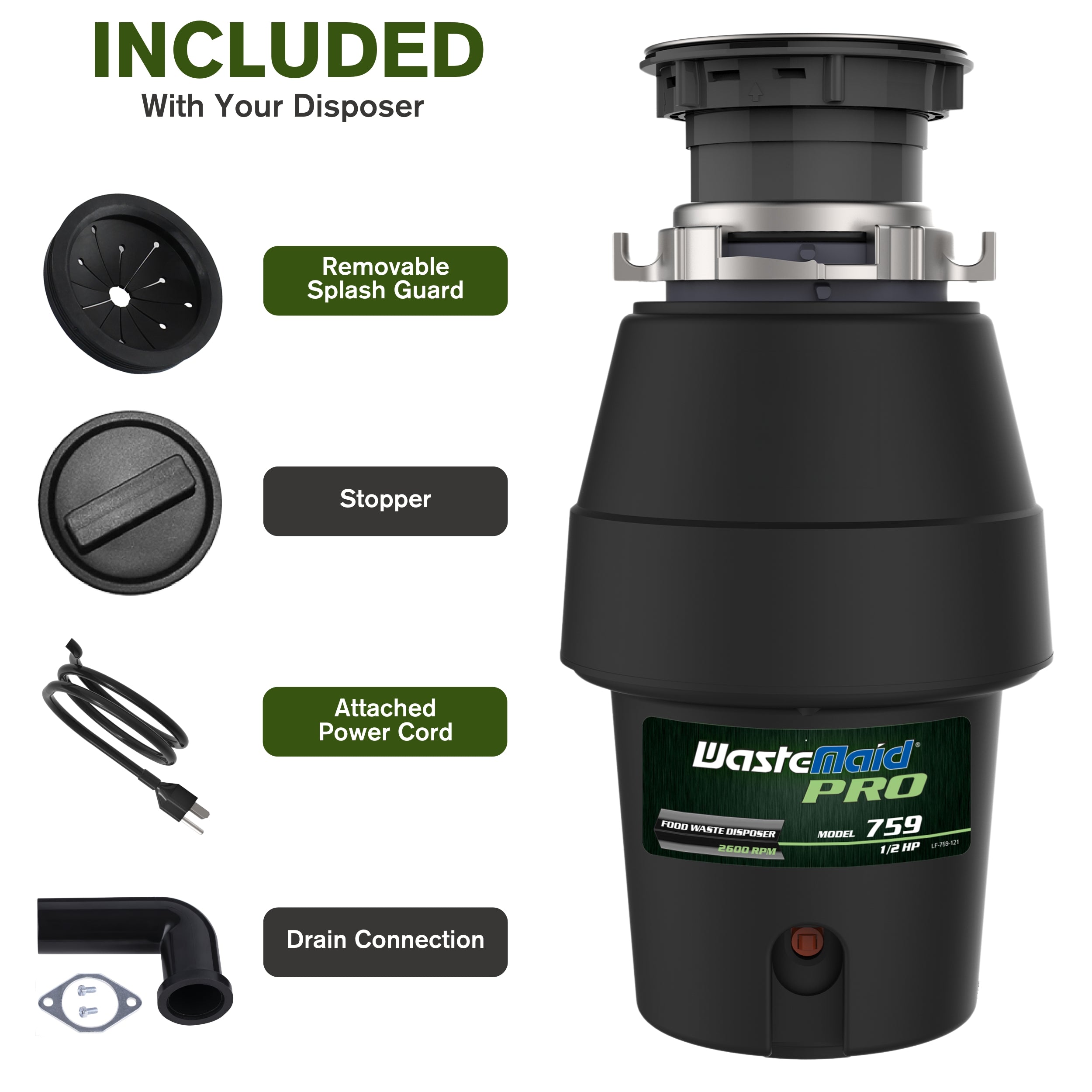 Front view of a garbage disposal with all included accessories displayed next to it.