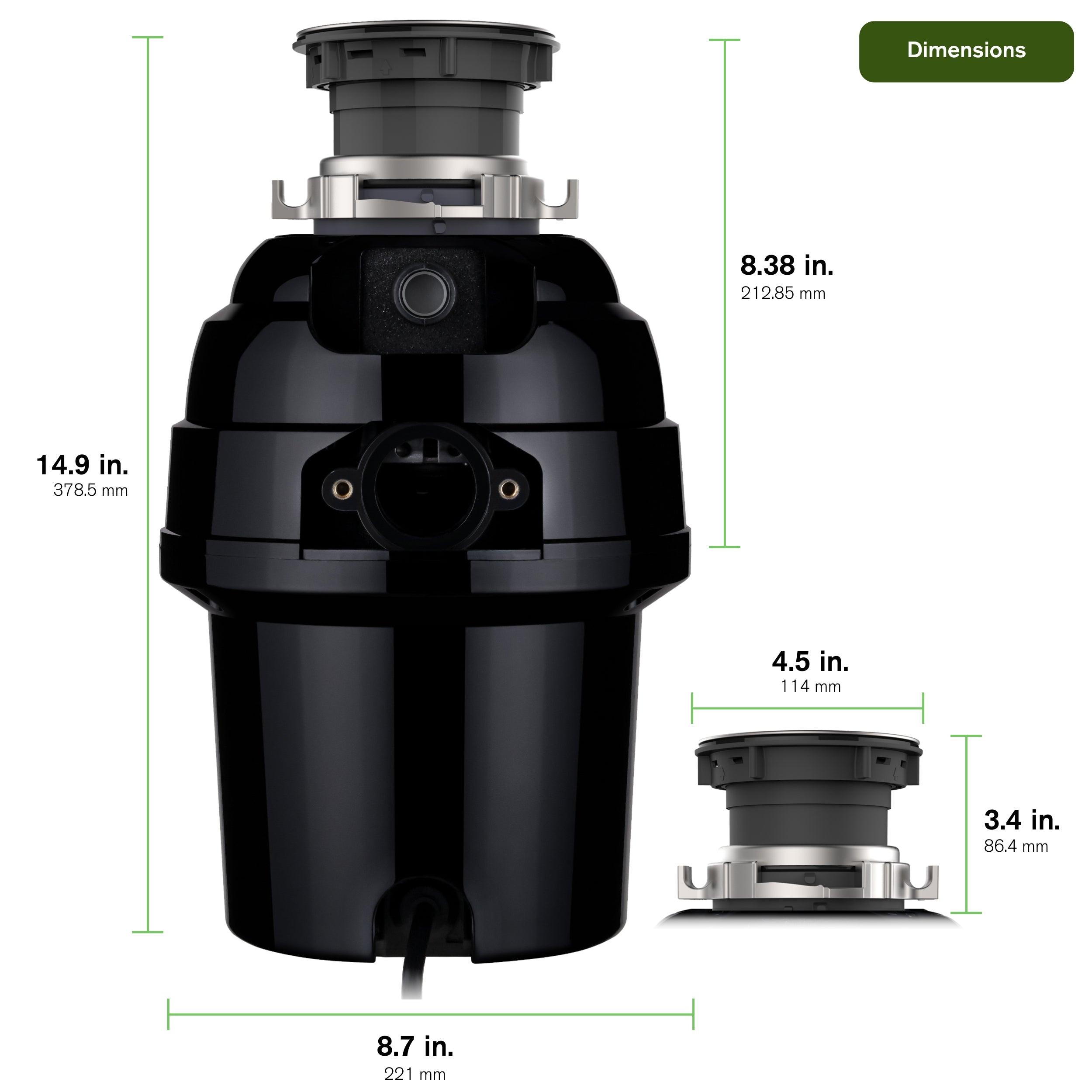 Back view of a garbage disposal with diagram lines highlighting its overall measurements.