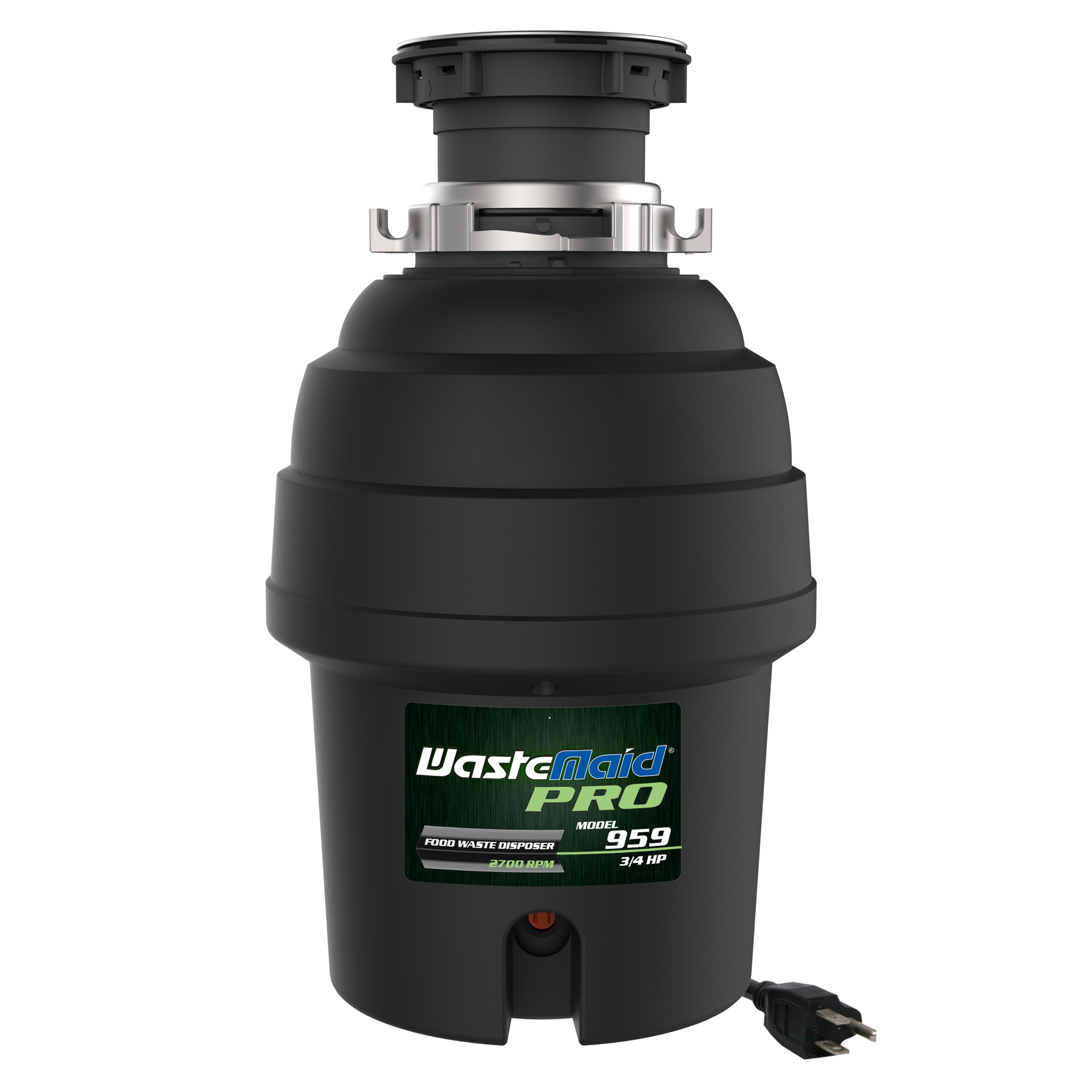 WasteMaid Pro 3/4 HP garbage disposal front view on white background.