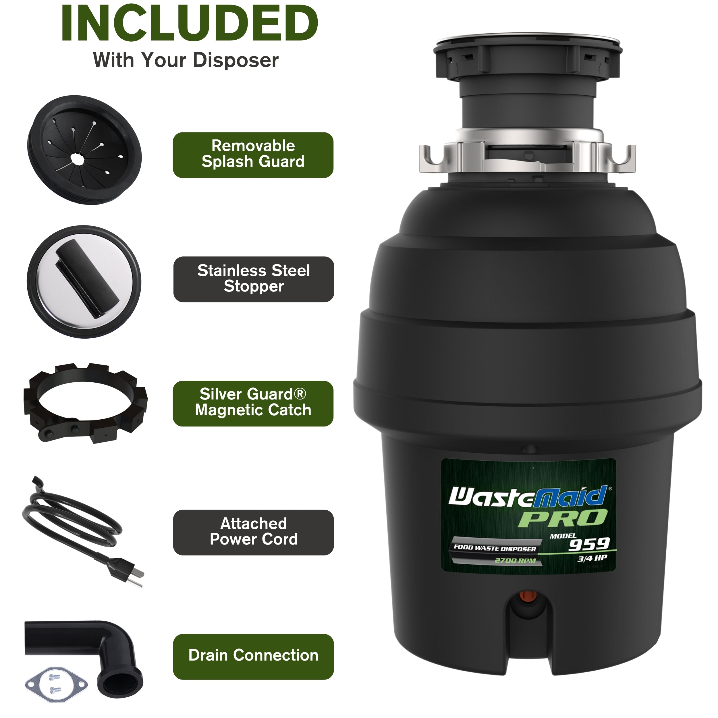 Front view of a garbage disposal with all included accessories displayed next to it.